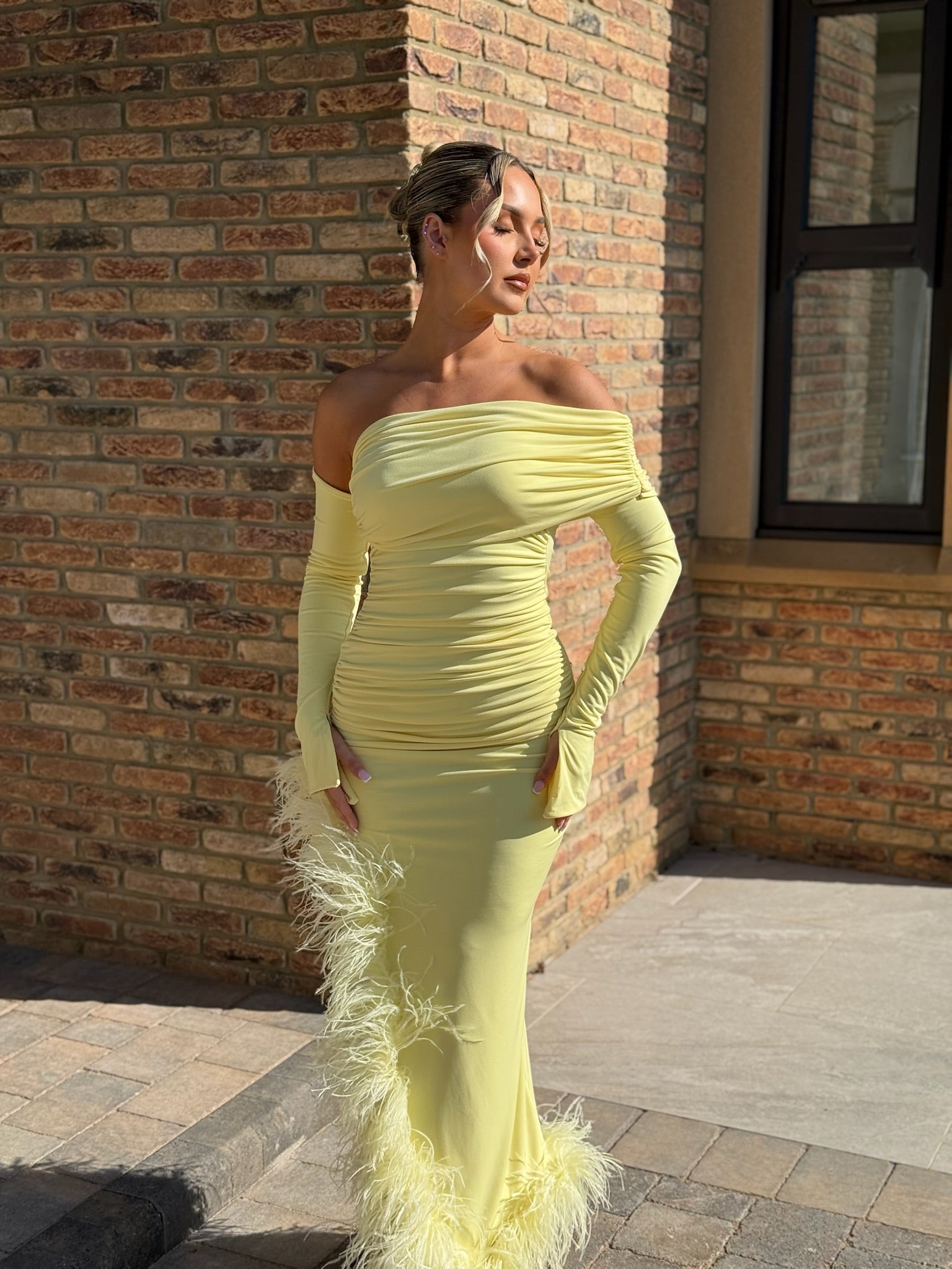 April Two Sleeve Midi Ostrich Feather Dress Yellow