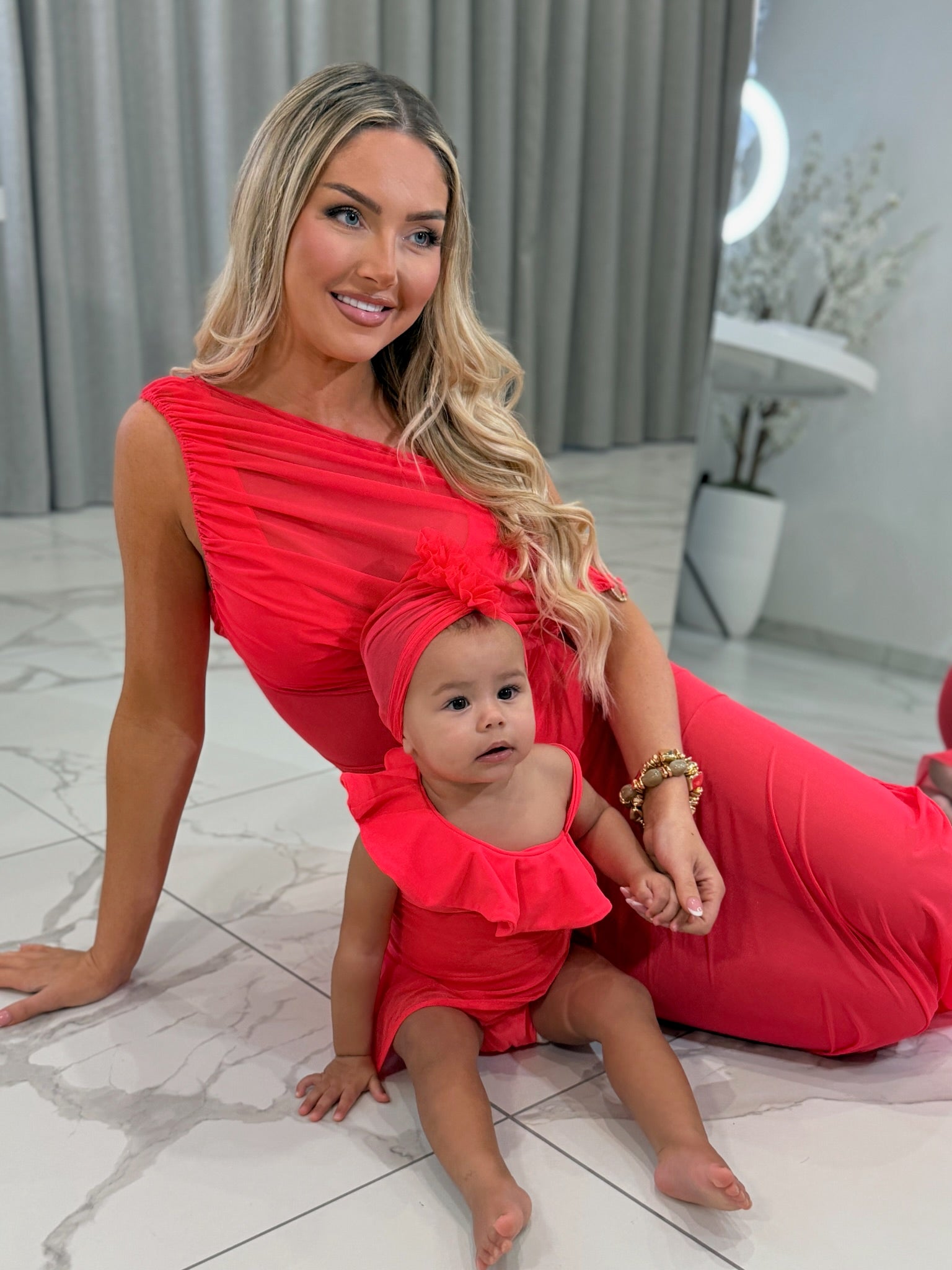 Mini Neon Red Ruffle shoulder Swimsuit