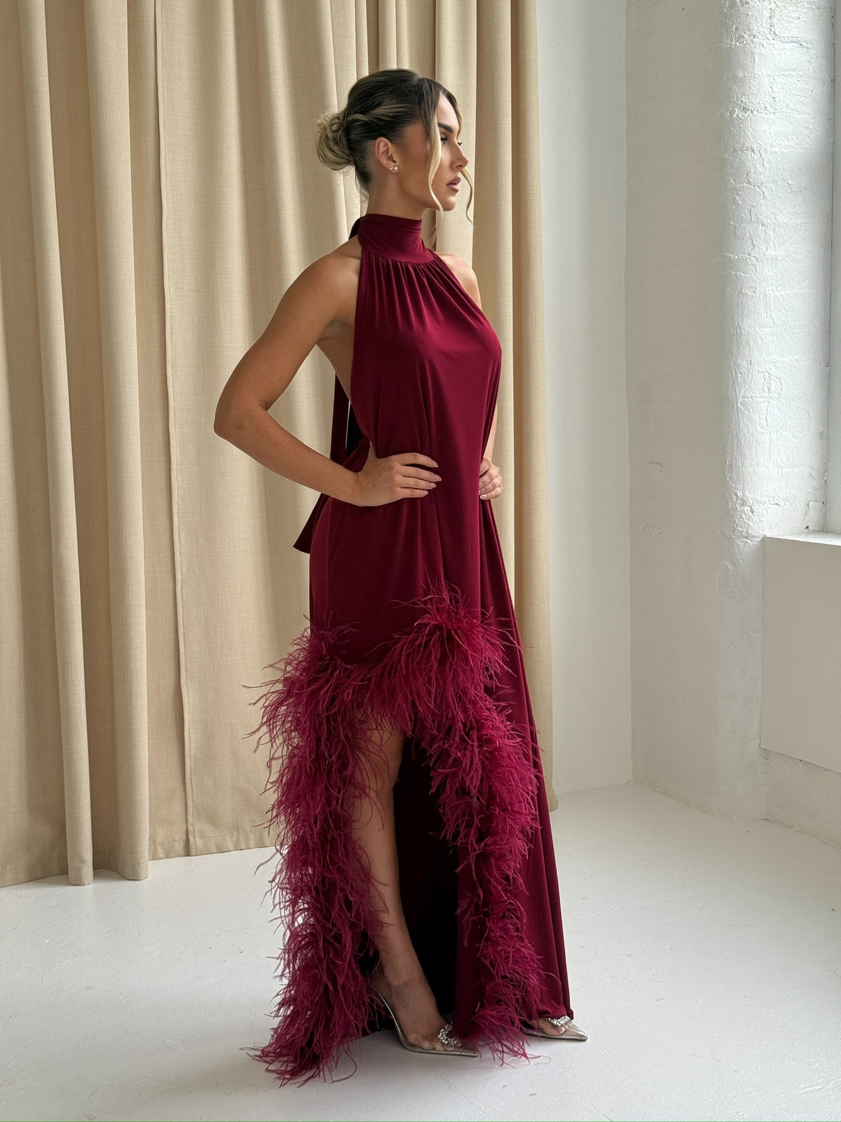 Aria Halter Neck Ostrich Feather Dress Wine