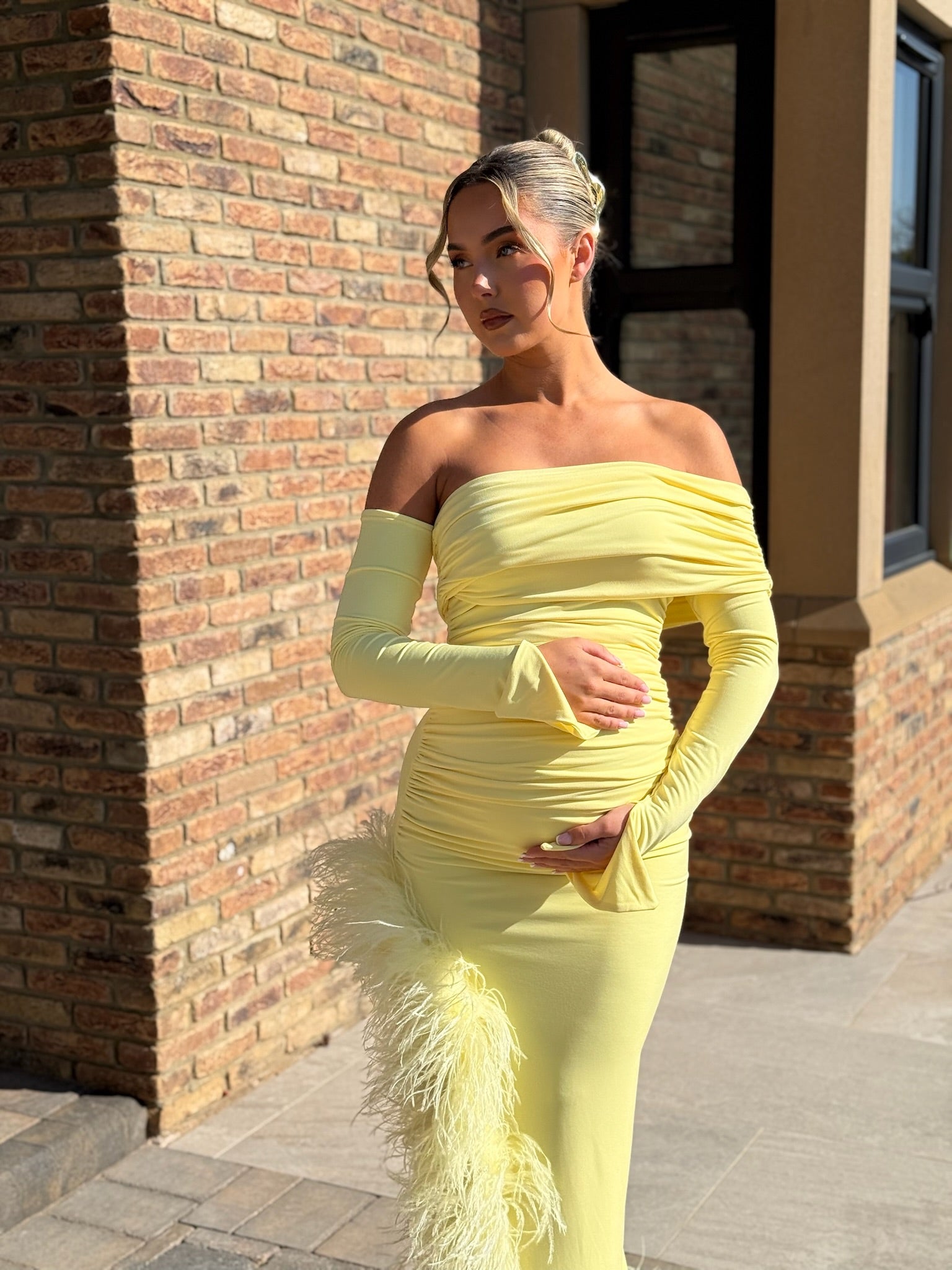 April Two Sleeve Maternity Ostrich Feather Dress Yellow