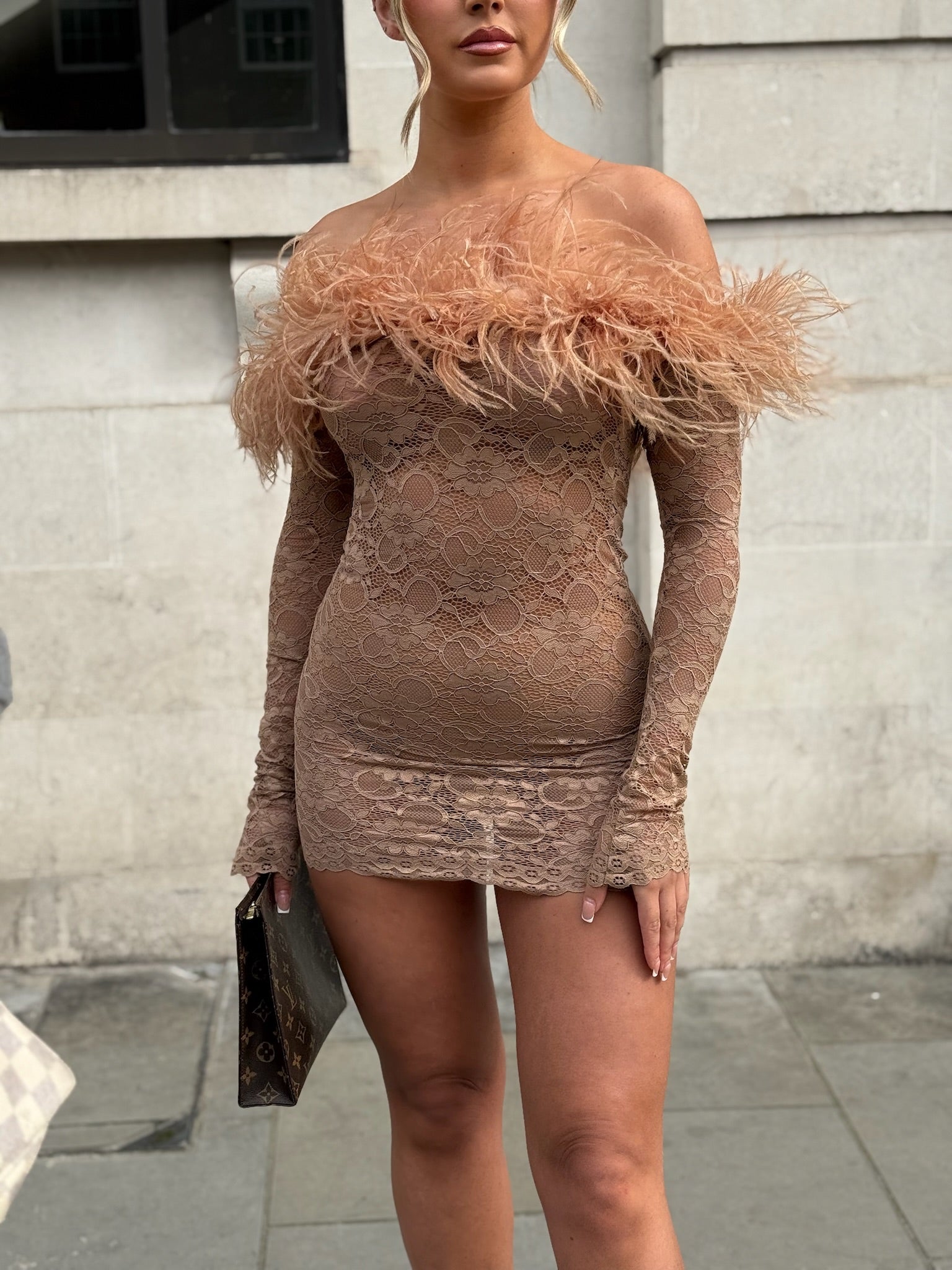 Carrie Ostrich Mini Dress Beige Lace