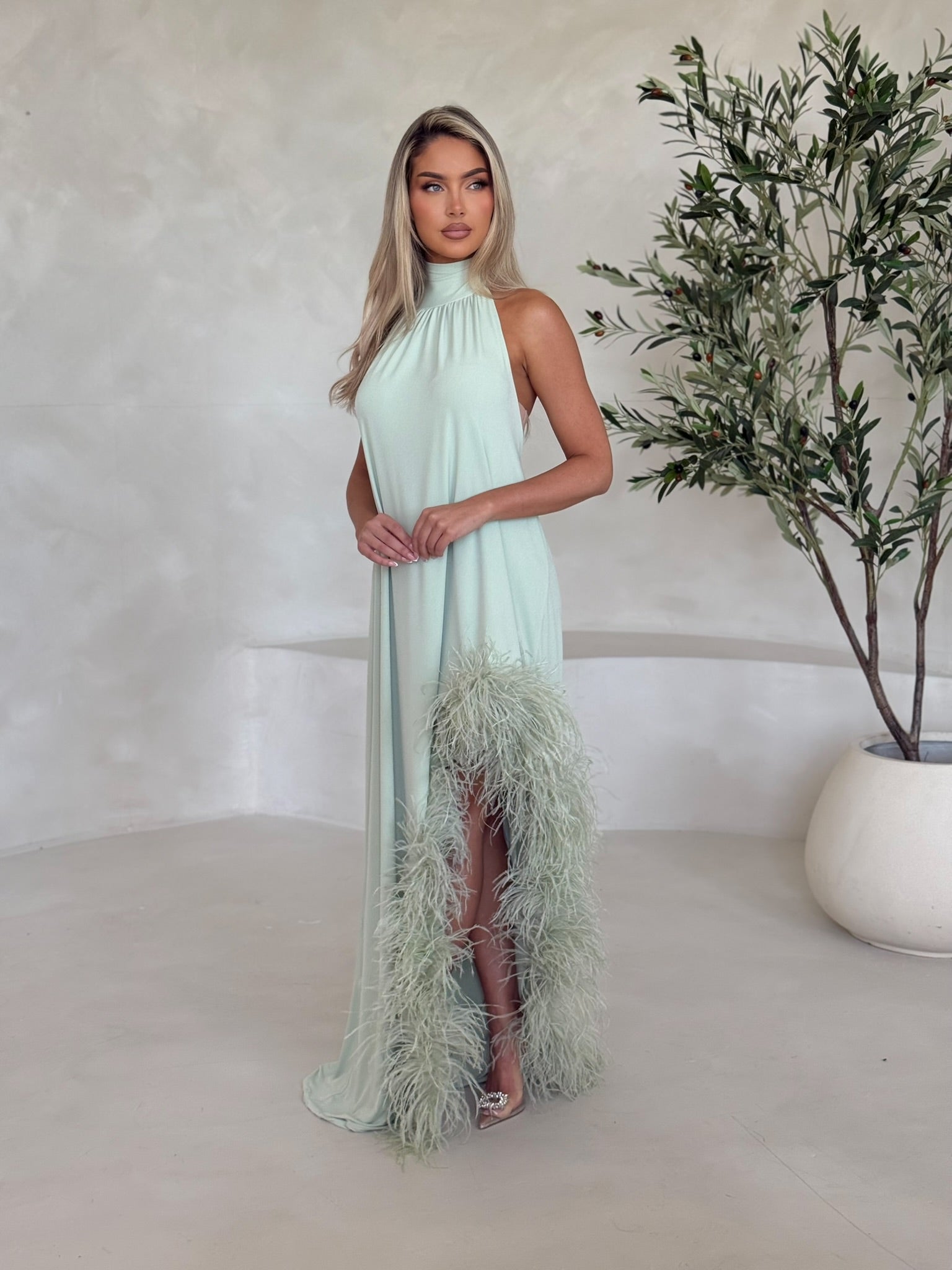 Aria Halter Neck Ostrich Feather Dress Matcha