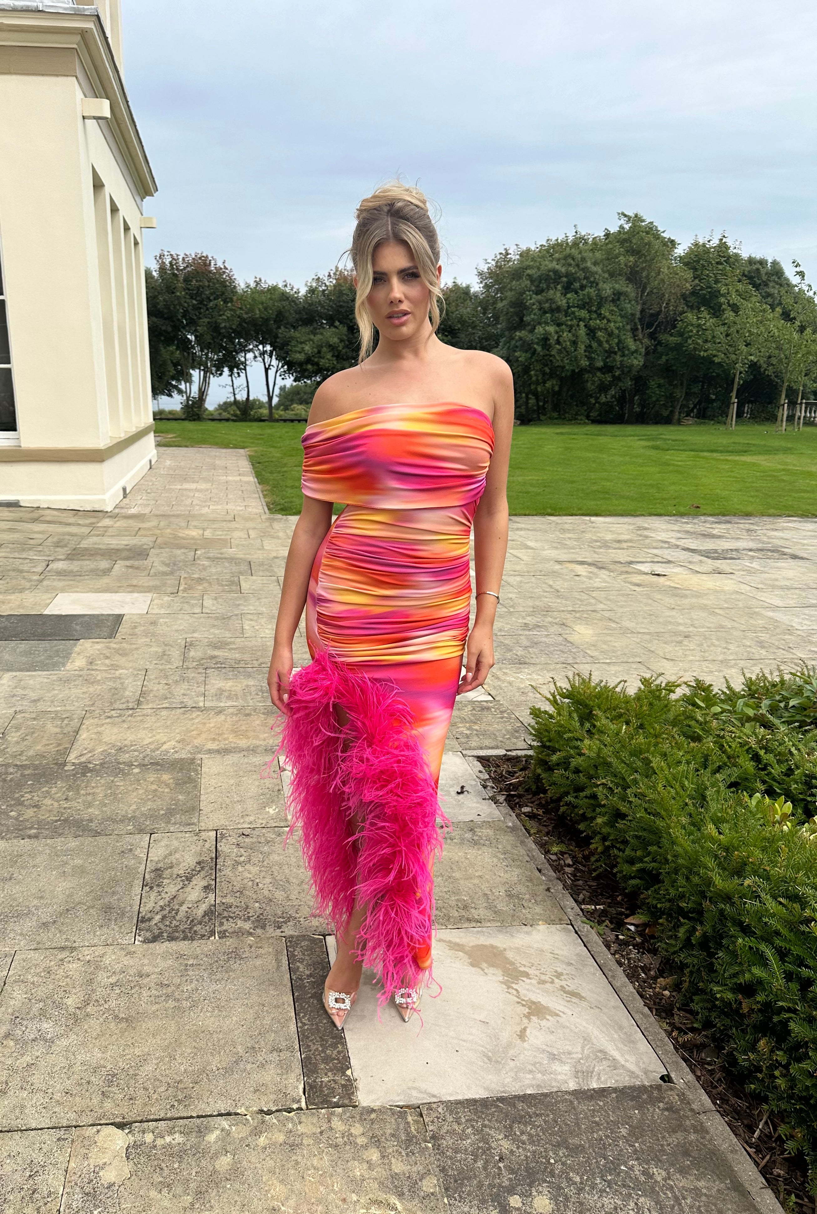 April Sleeveless Midi Ostrich Feather Dress Pink Sunset