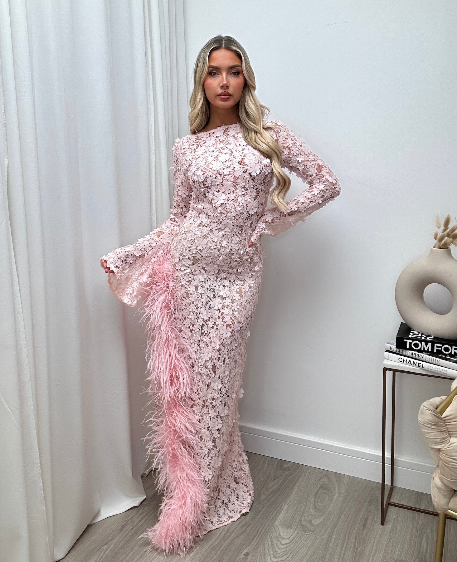 Claudia Ostrich Feather Dress Baby Pink