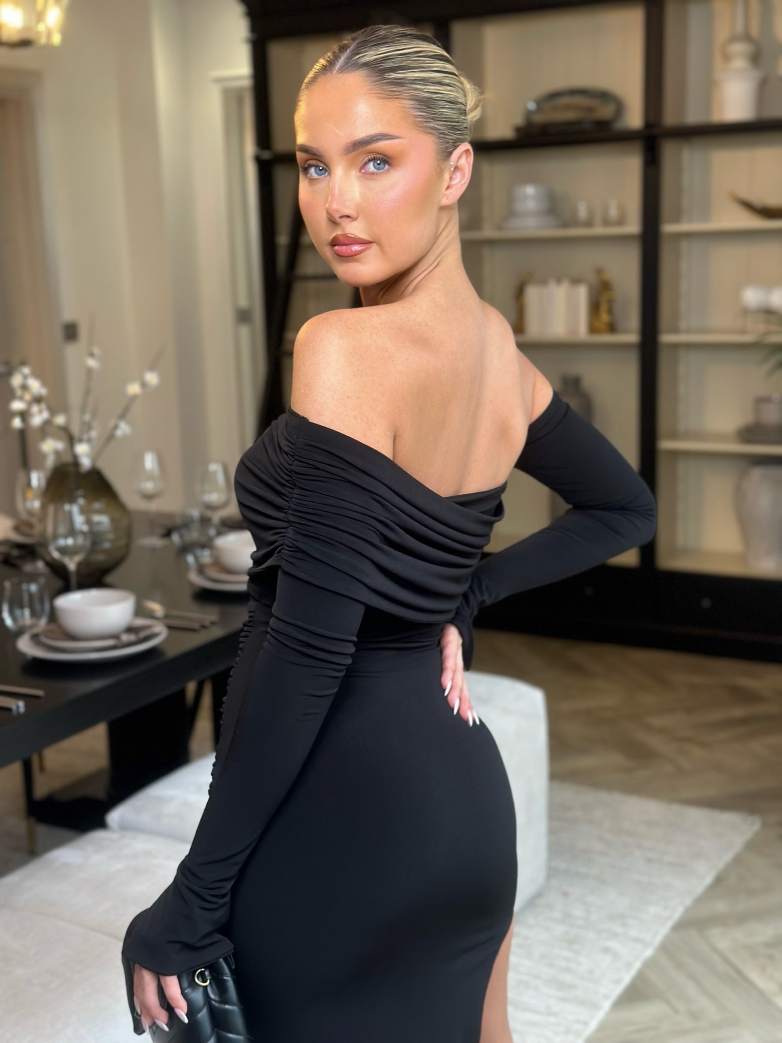 April Two Sleeve Midi Dress Black