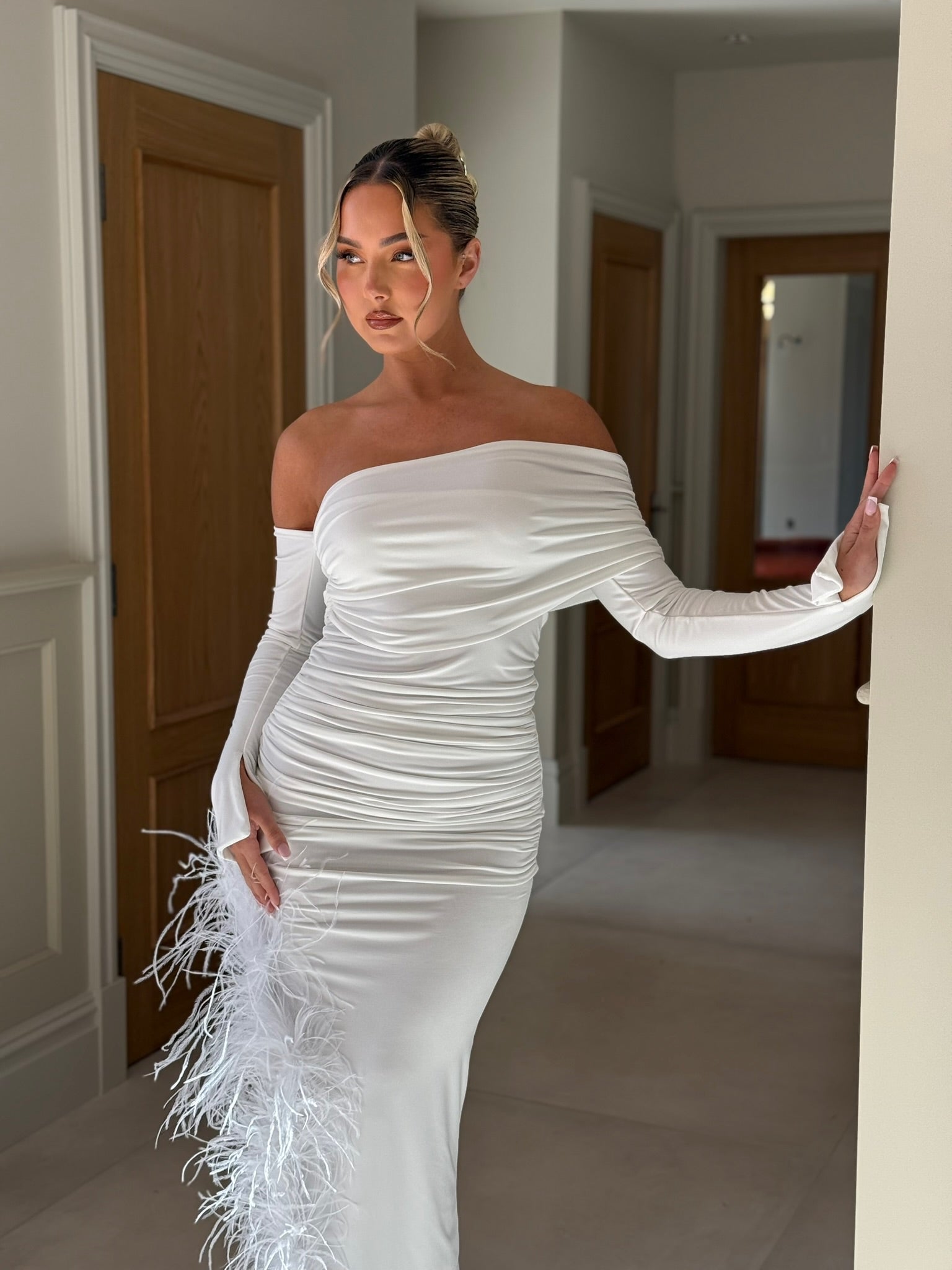 April Two Sleeve Midi Ostrich Feather Dress White