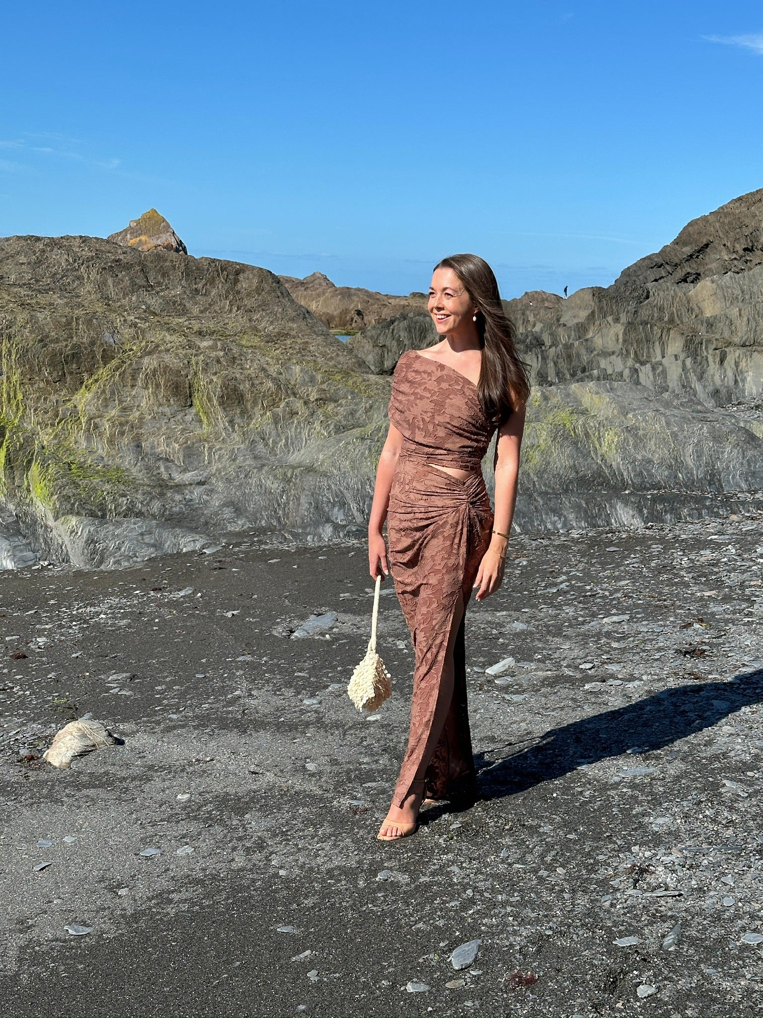 Olivia Asymmetric sleeveless Dress sheer Almond Brown