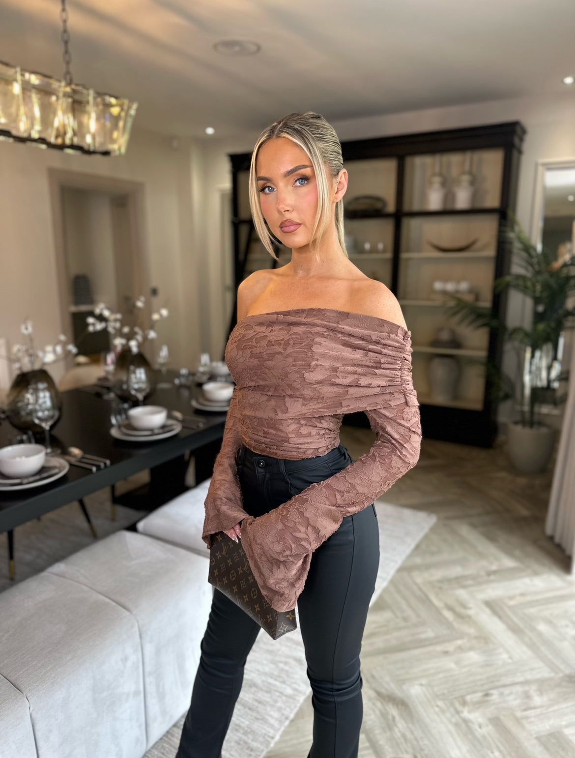 Olivia Sheer Floral Top Almond Brown