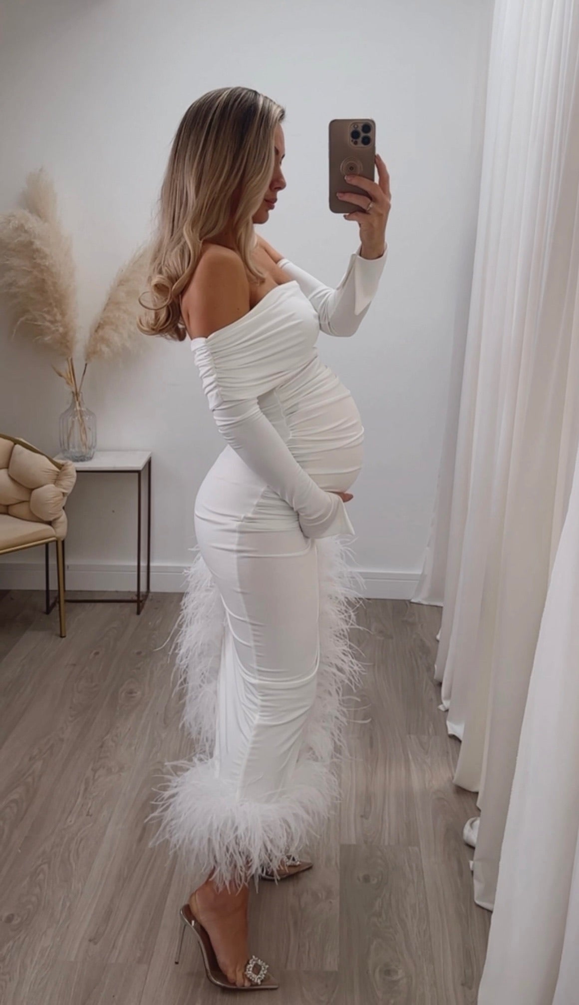 April Maternity Ostrich Feather Dress White
