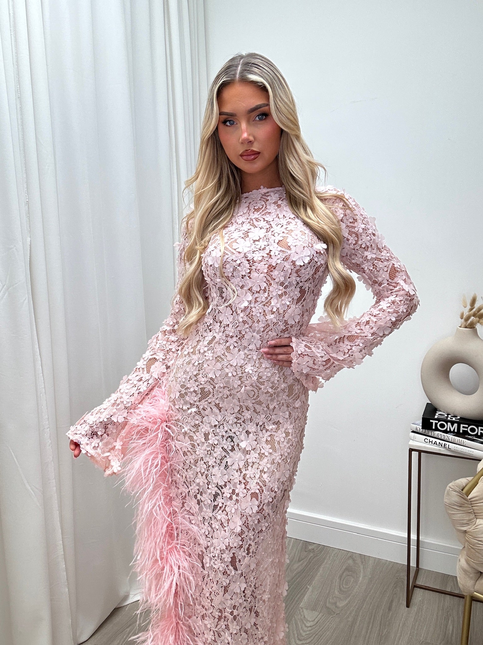 Claudia Ostrich Feather Dress Baby Pink