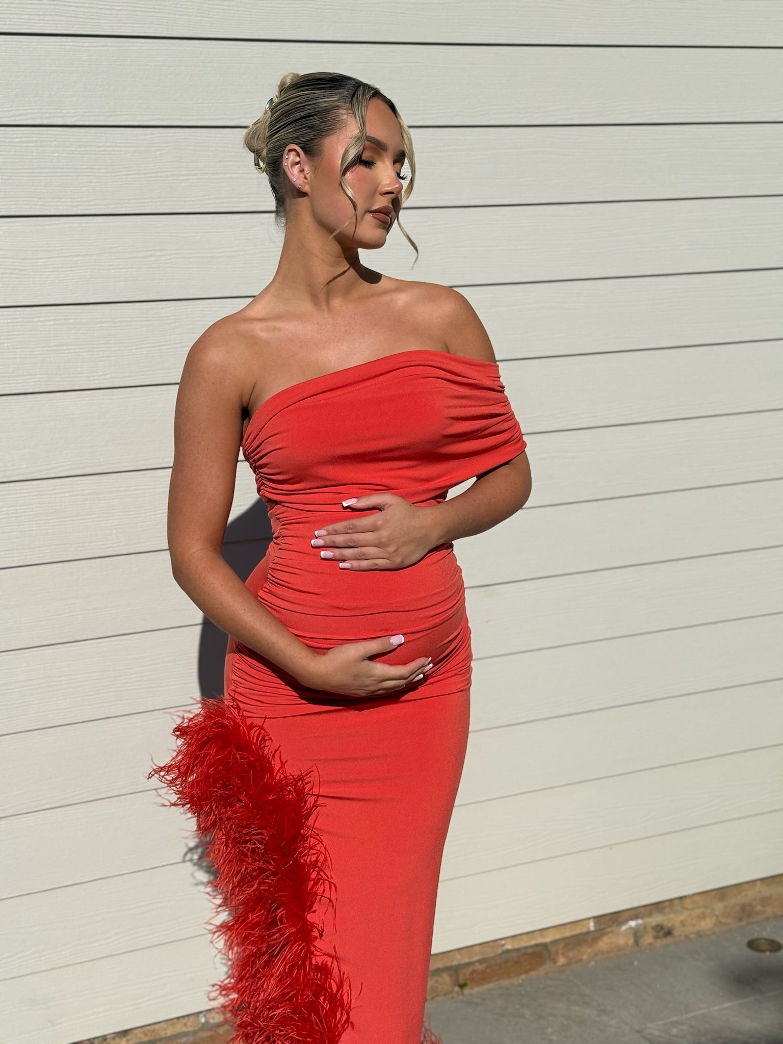 April Sleeveless Maternity Ostrich Feather Dress Blood Orange
