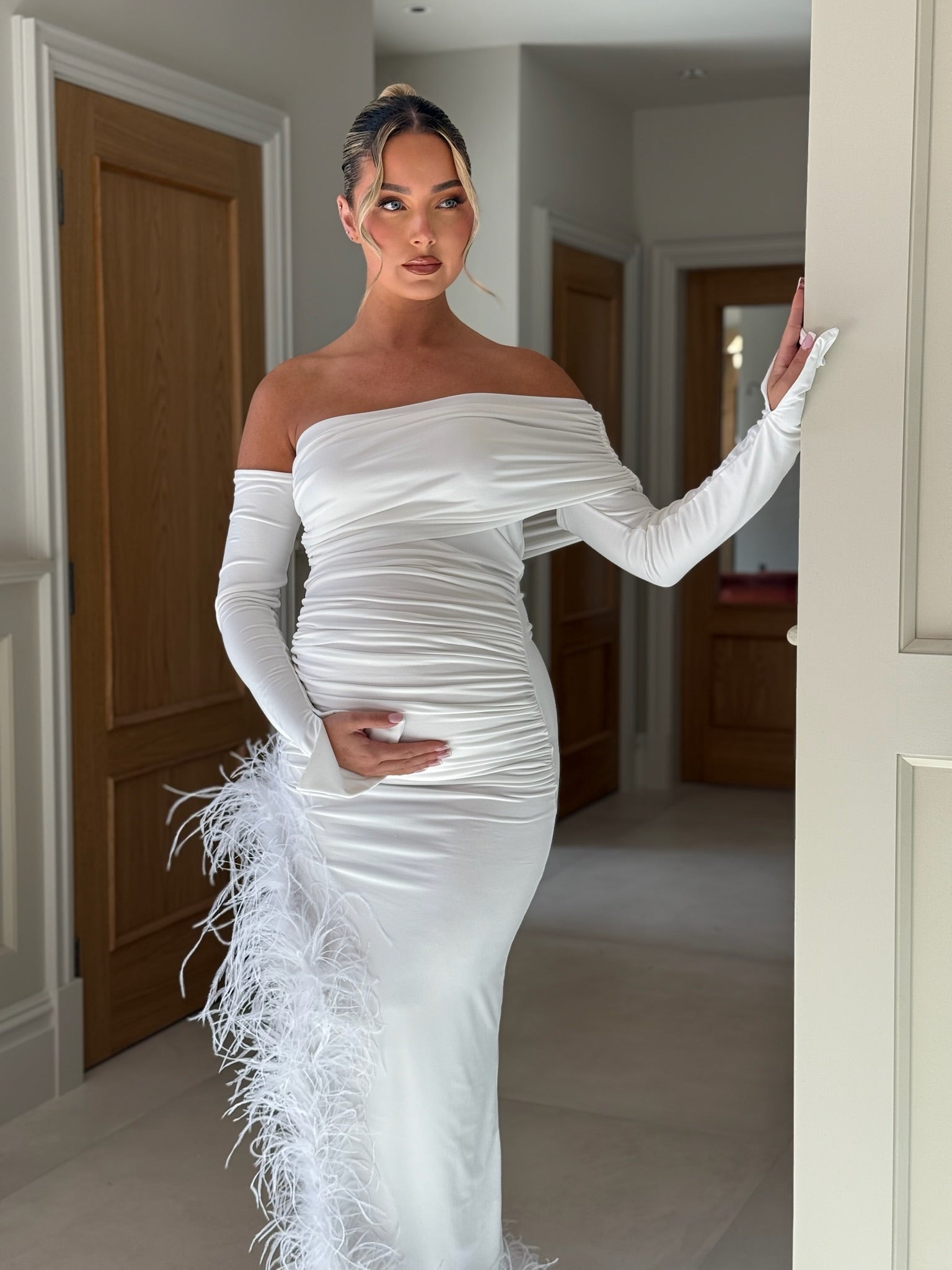 April Two Sleeve Maternity Ostrich Feather Dress White