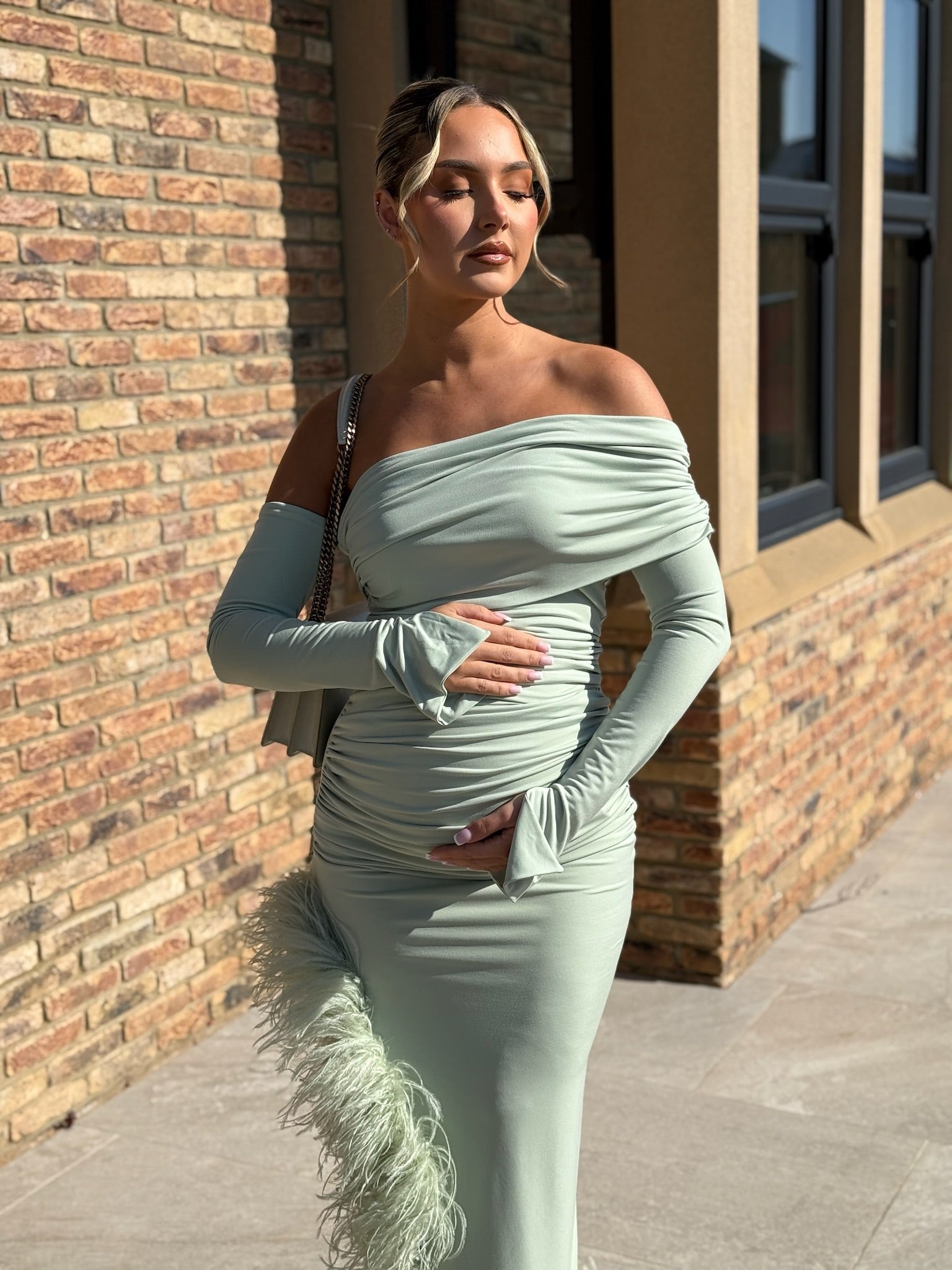 April Two Sleeve Maternity Ostrich Feather Dress Matcha