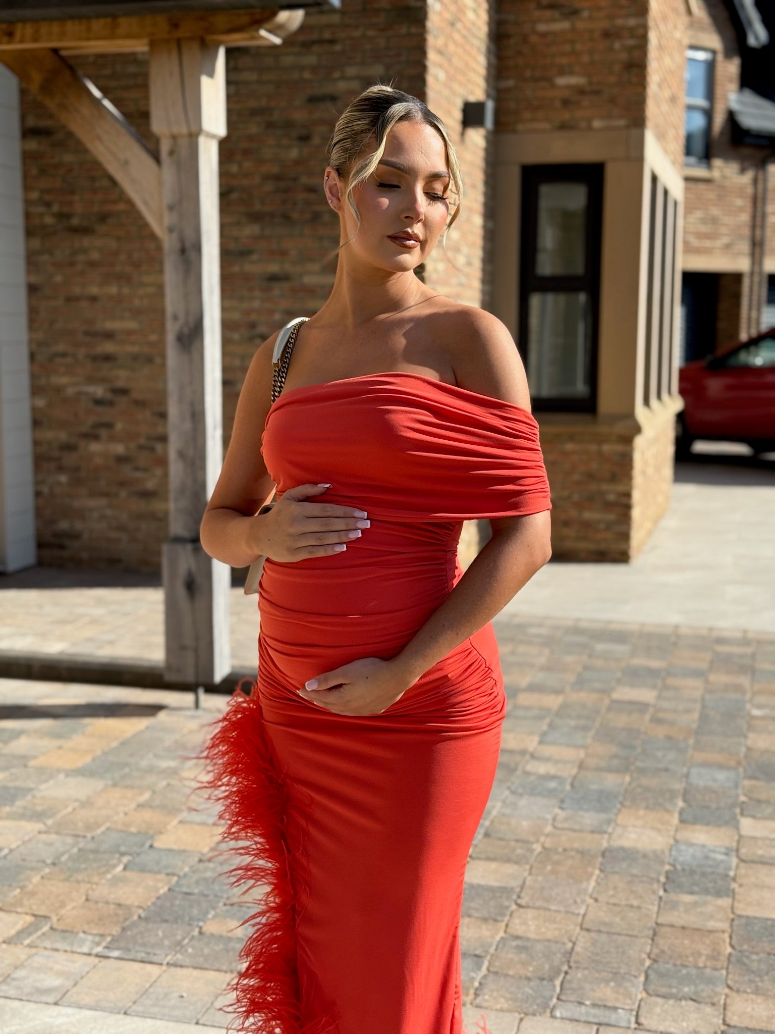 April Sleeveless Maternity Ostrich Feather Dress Blood Orange