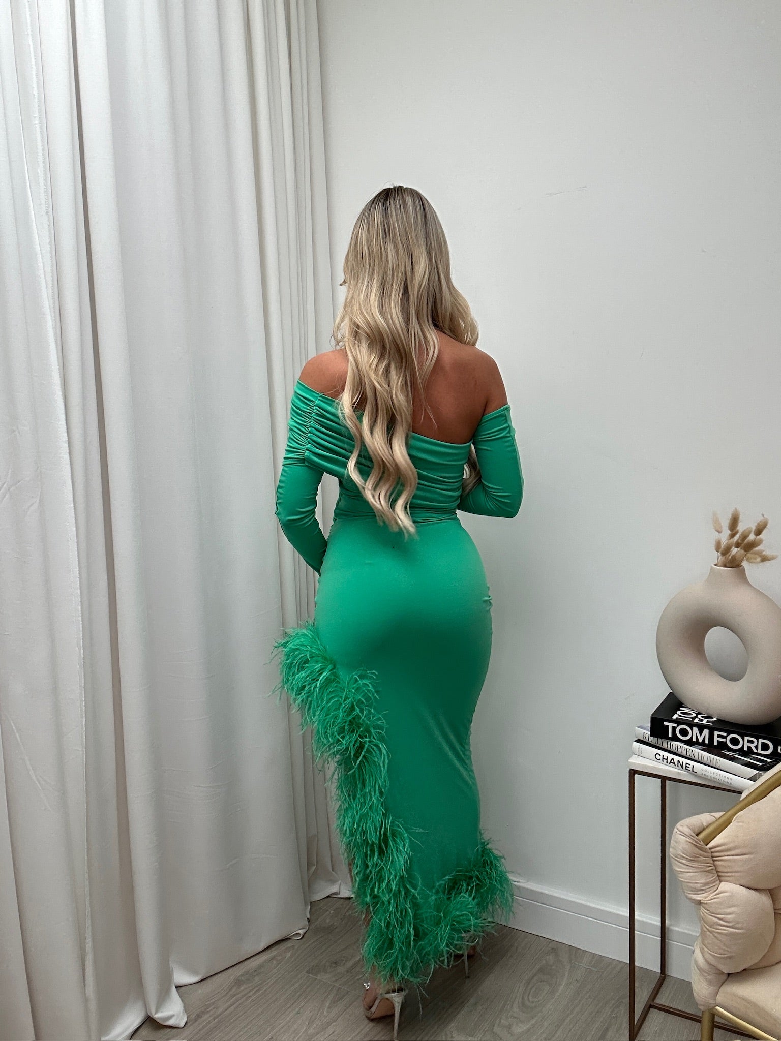 April Two Sleeve Maternity Ostrich Feather Dress Emerald green