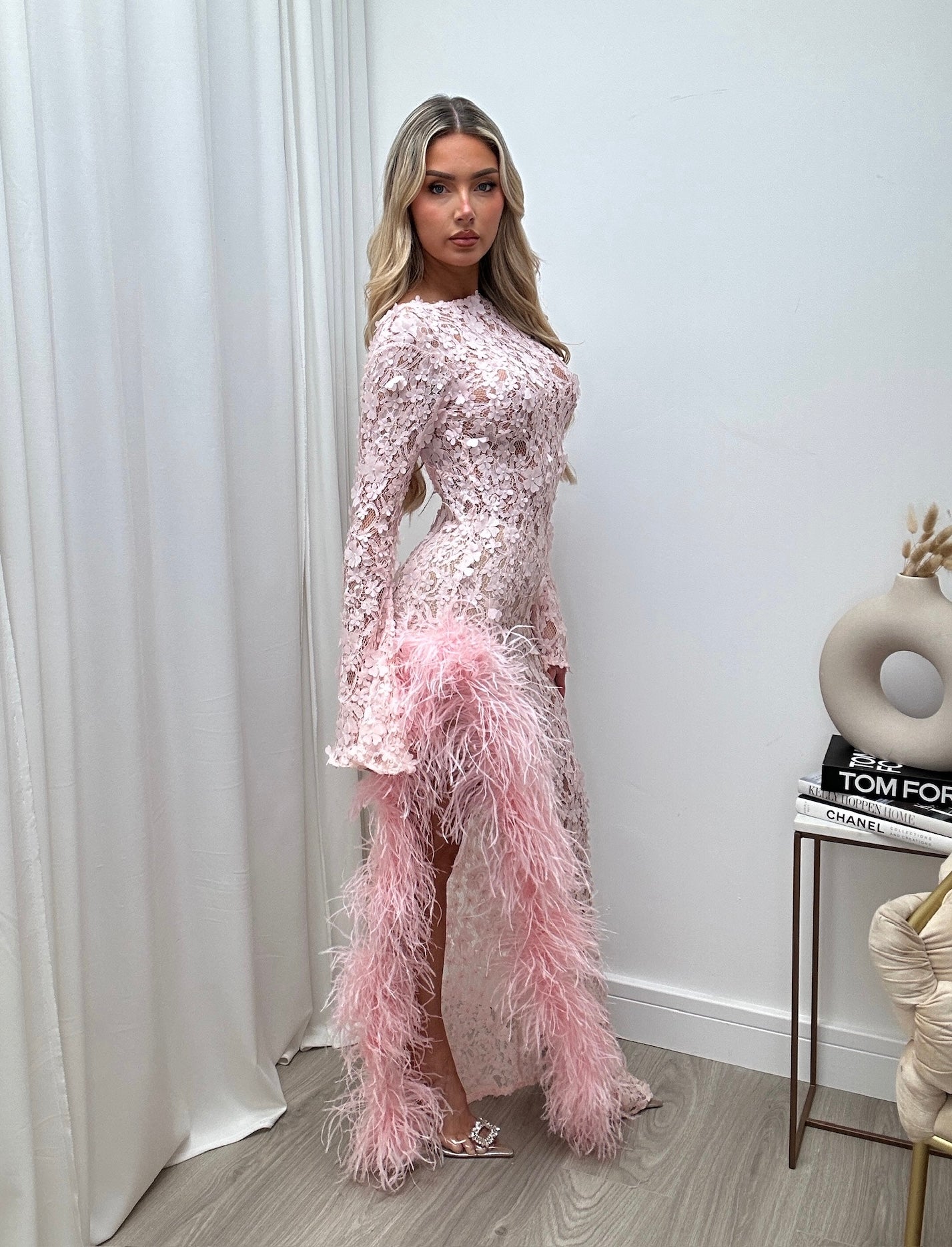 Claudia Ostrich Feather Dress Baby Pink