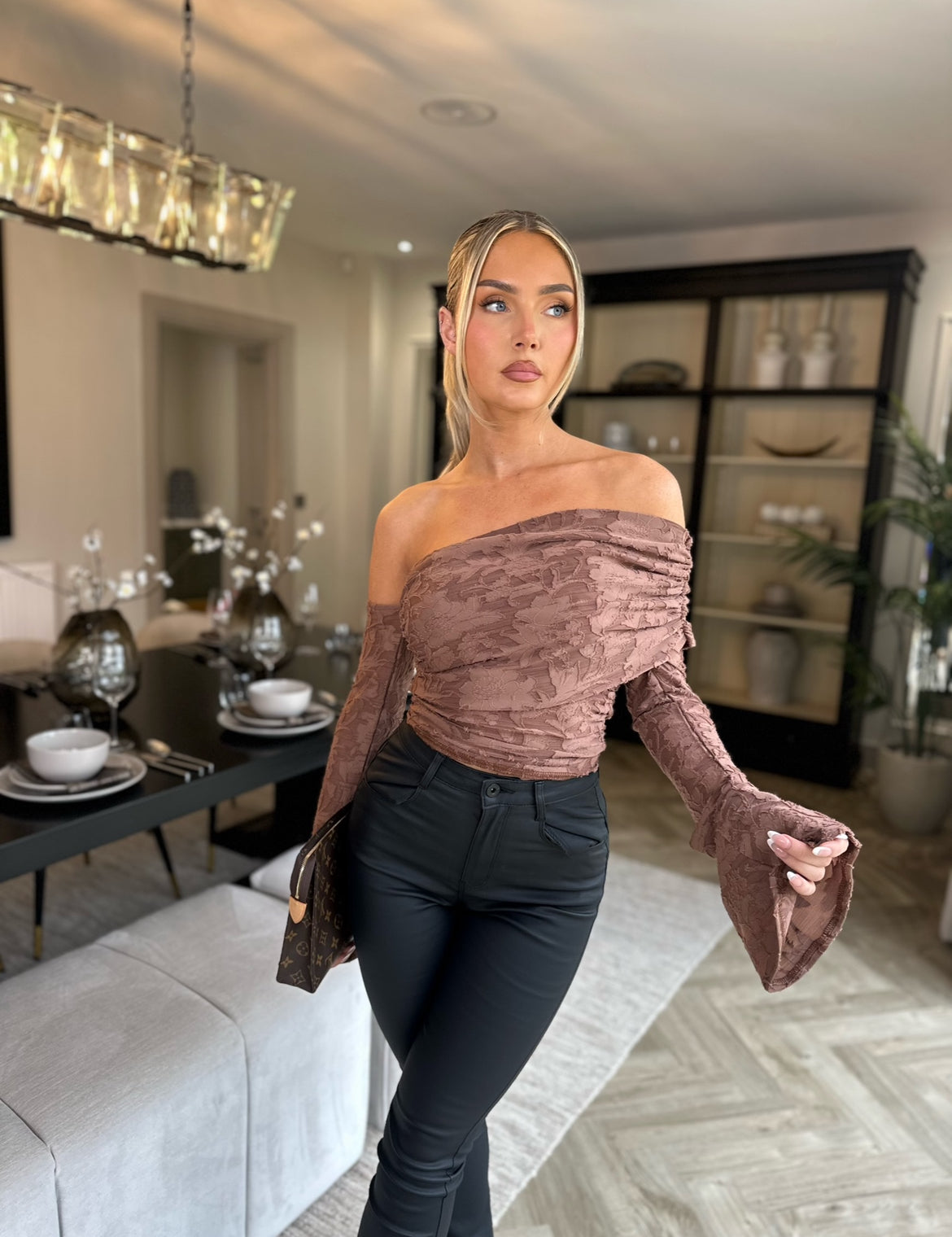 Olivia Sheer Floral Top Almond Brown