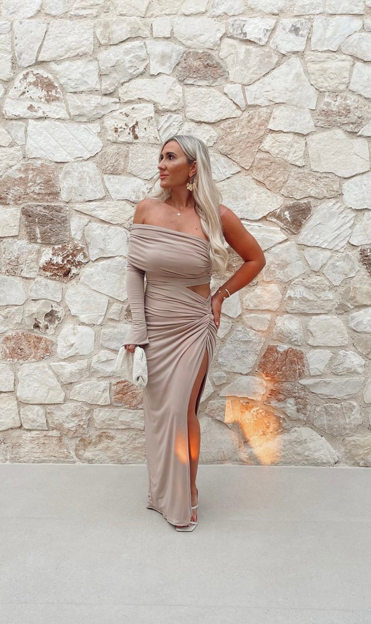 Olivia Asymmetric one sleeve Dress Beige