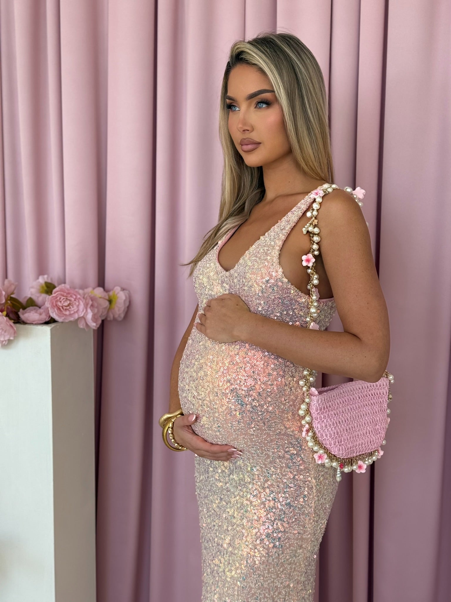 Coral Maternity Sequin Maxi Dress