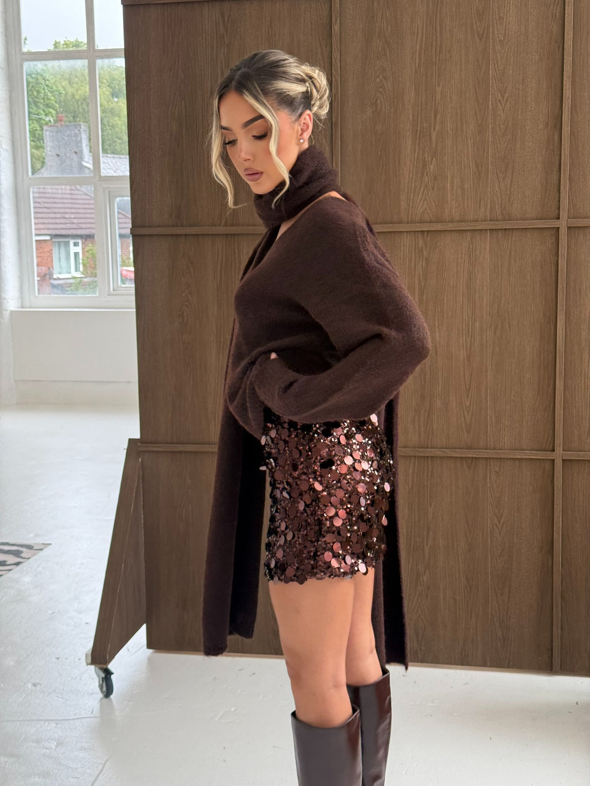 Chocolate Brown V Neck Jumper with Oversized Scarf