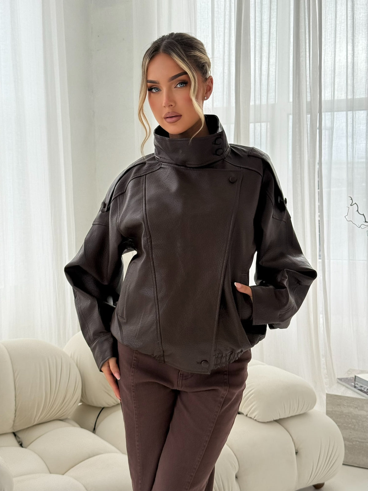 Chocolate Brown Faux Leather Utility Jacket