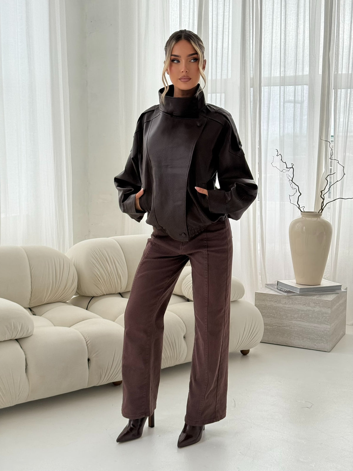 Chocolate Brown Faux Leather Utility Jacket