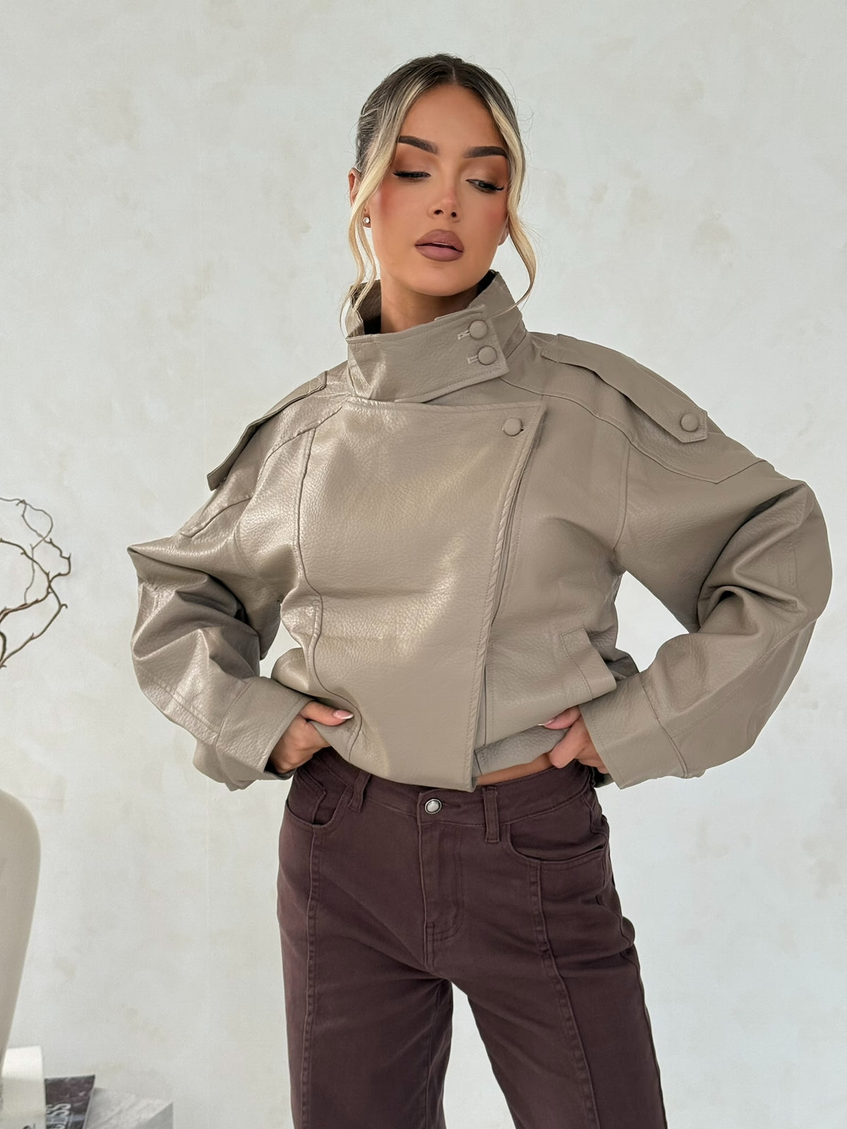 Taupe Faux Leather Utility Jacket