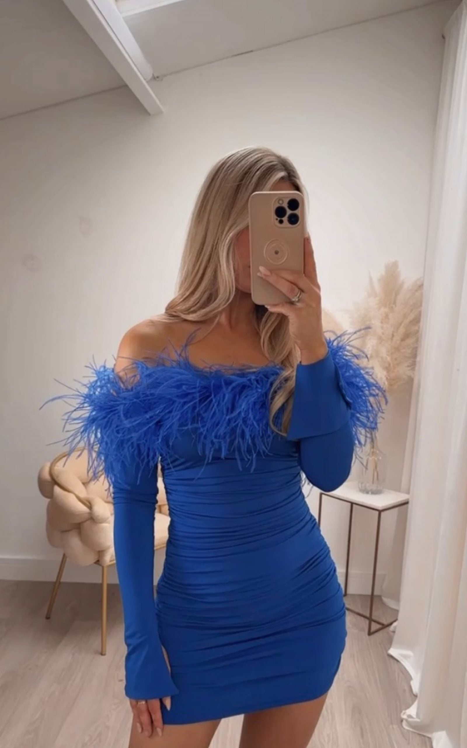 Carrie Ostrich Mini Dress Royal Blue