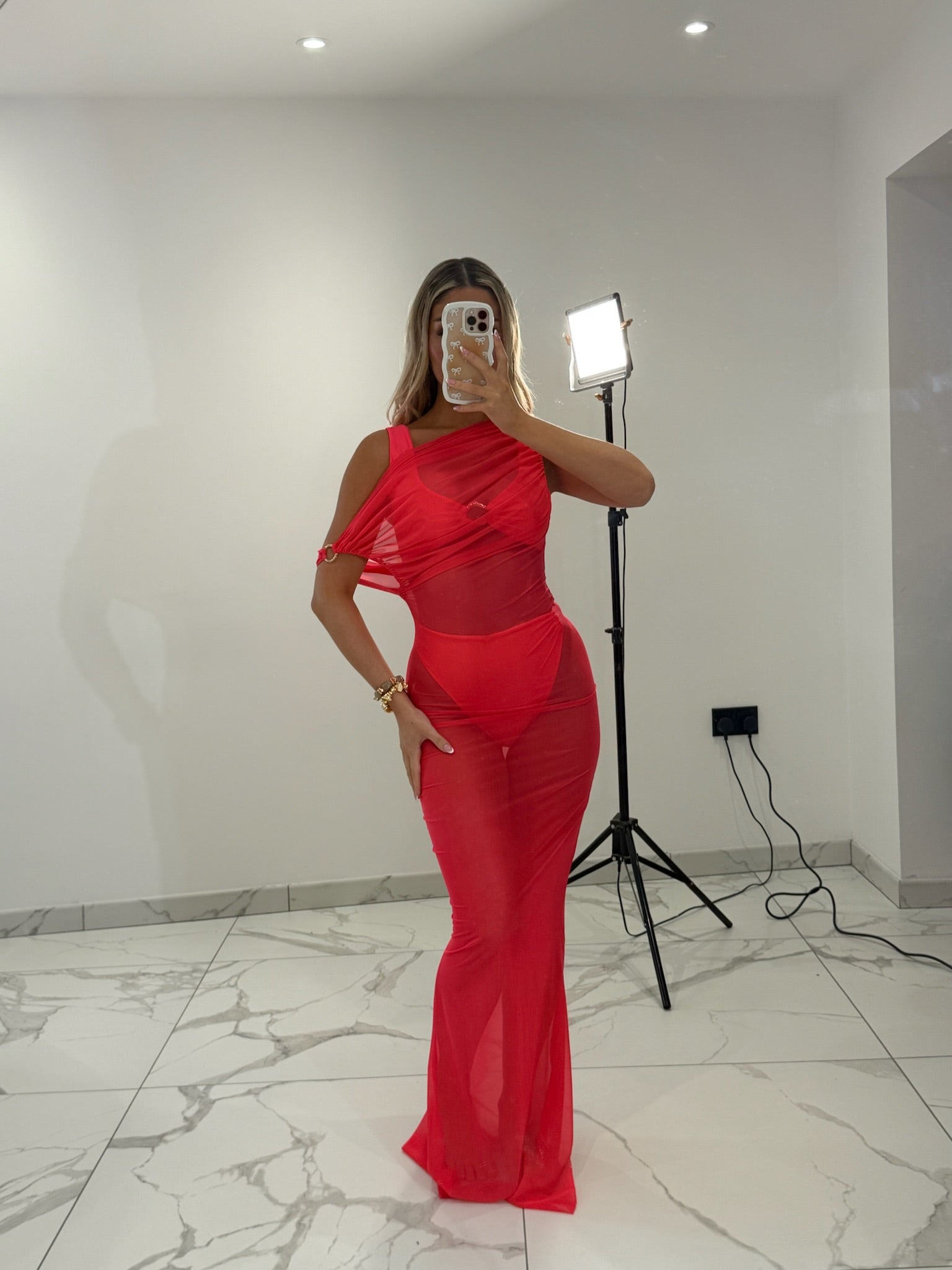 Neon Red Gold Ring Mesh Dress