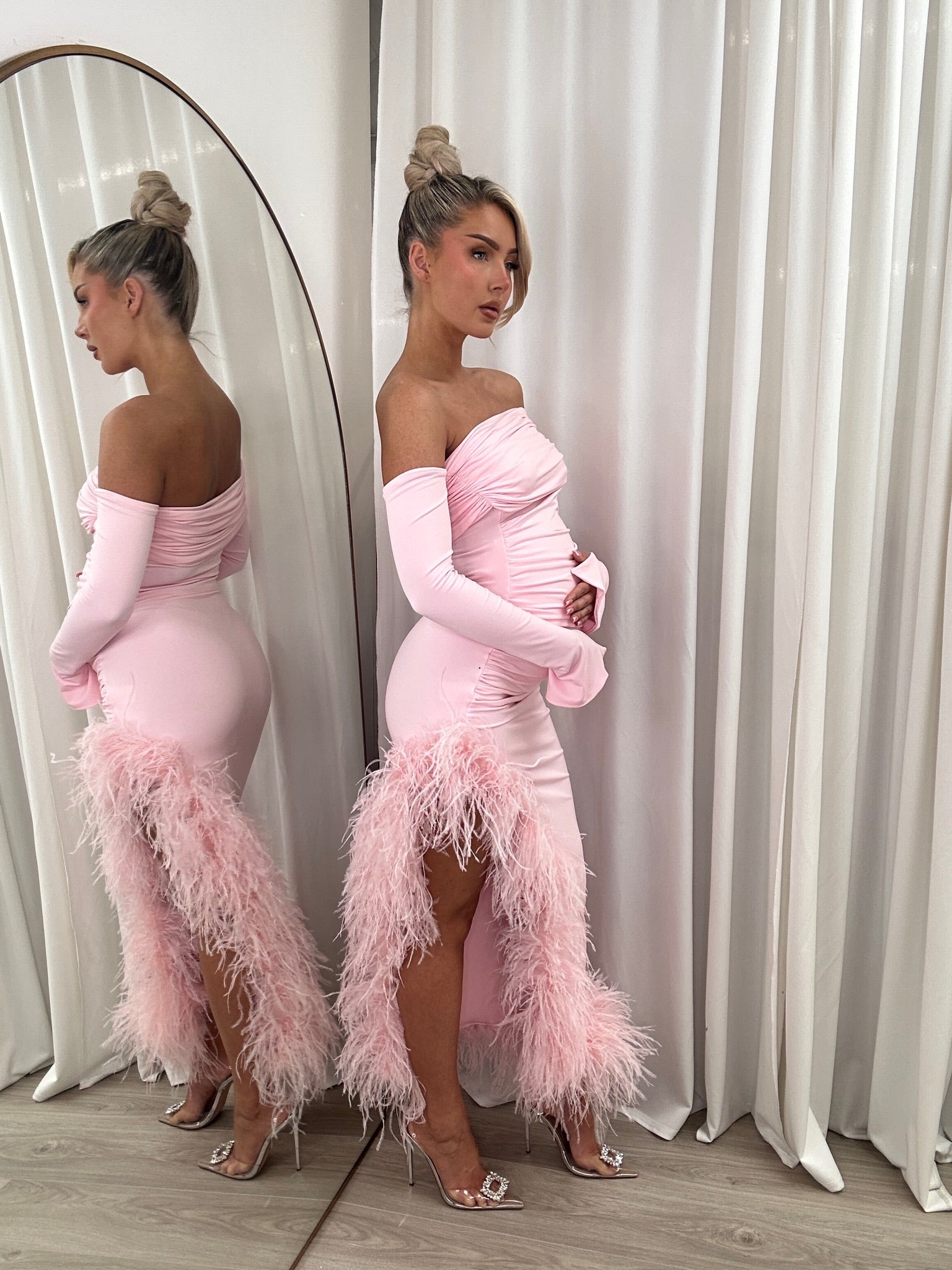 April Two Sleeve Maternity Ostrich Feather Dress Baby Pink