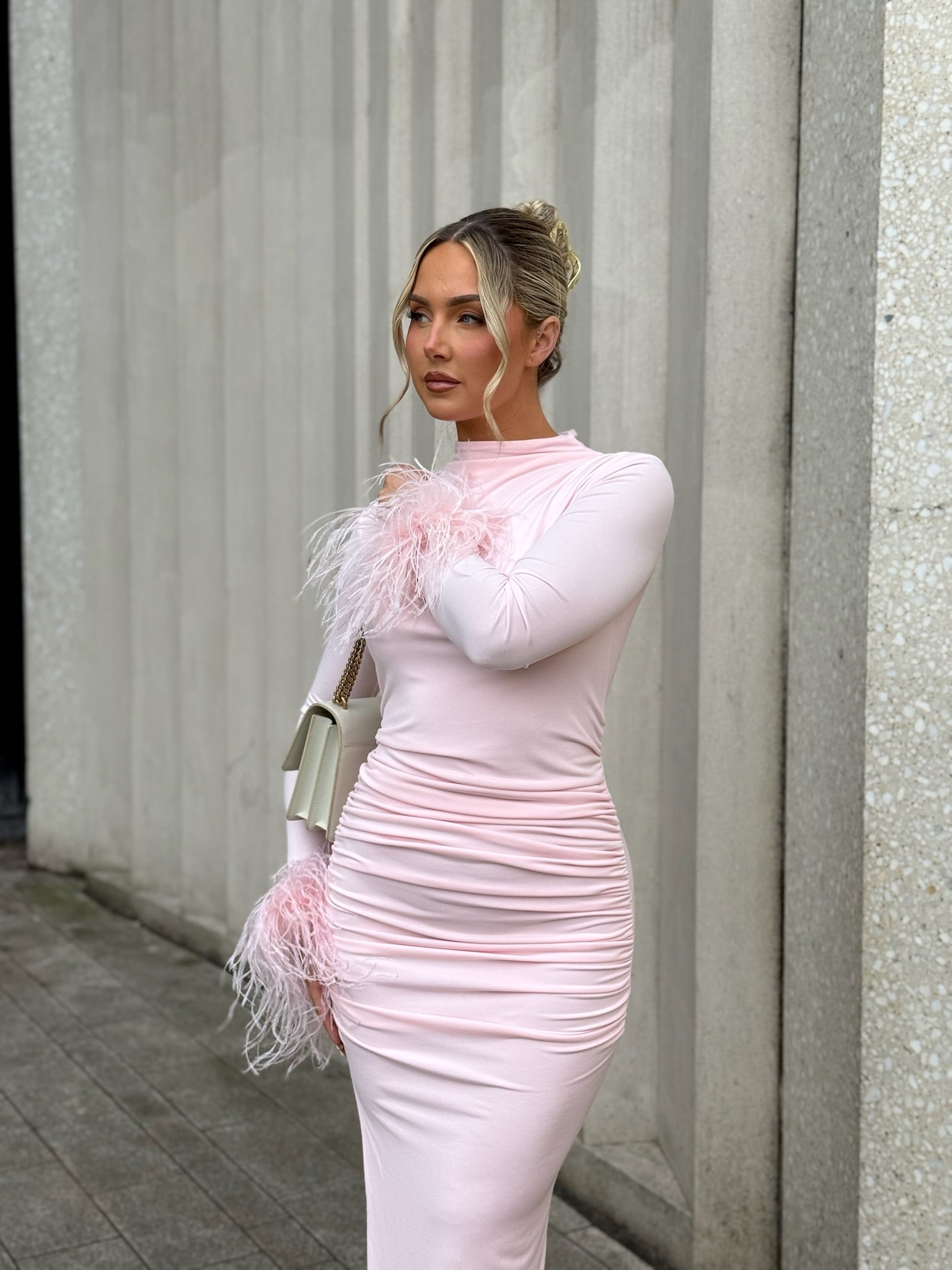Kourtney Midi Ostrich Feather Dress Baby Pink