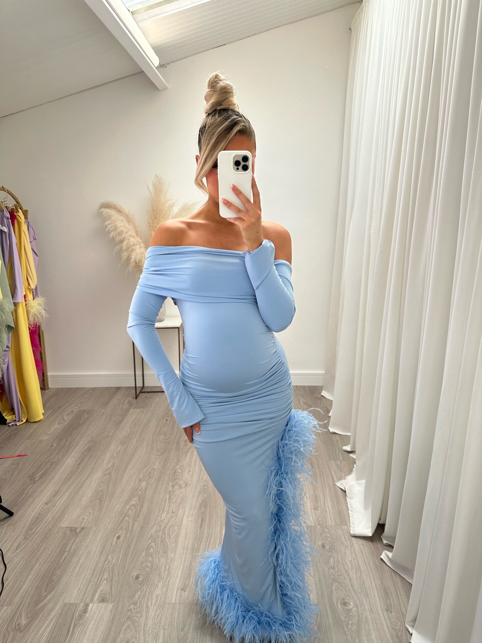 April Maternity Ostrich Feather Dress Baby Blue