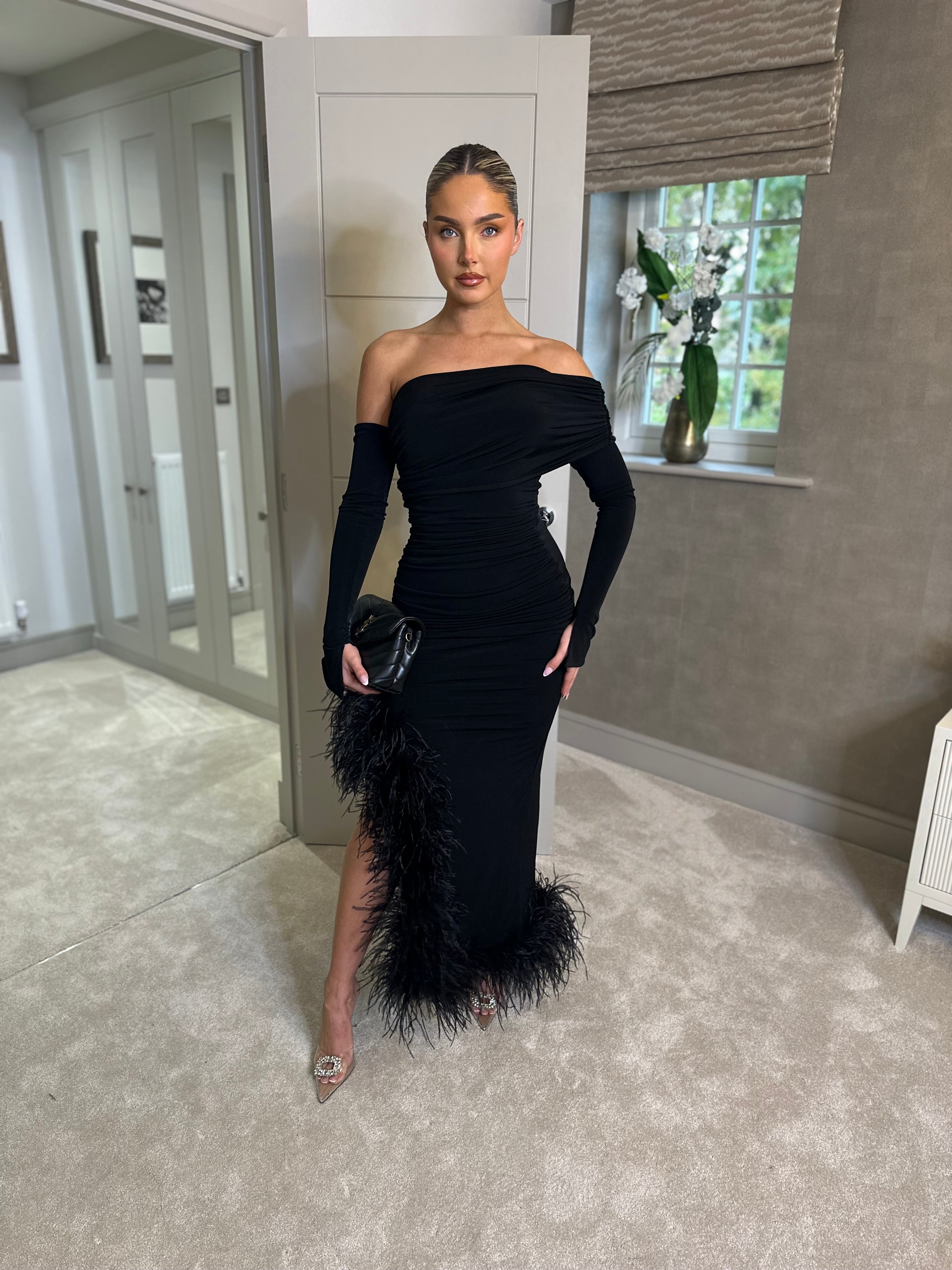 April Two Sleeve Midi Ostrich Feather Dress Black