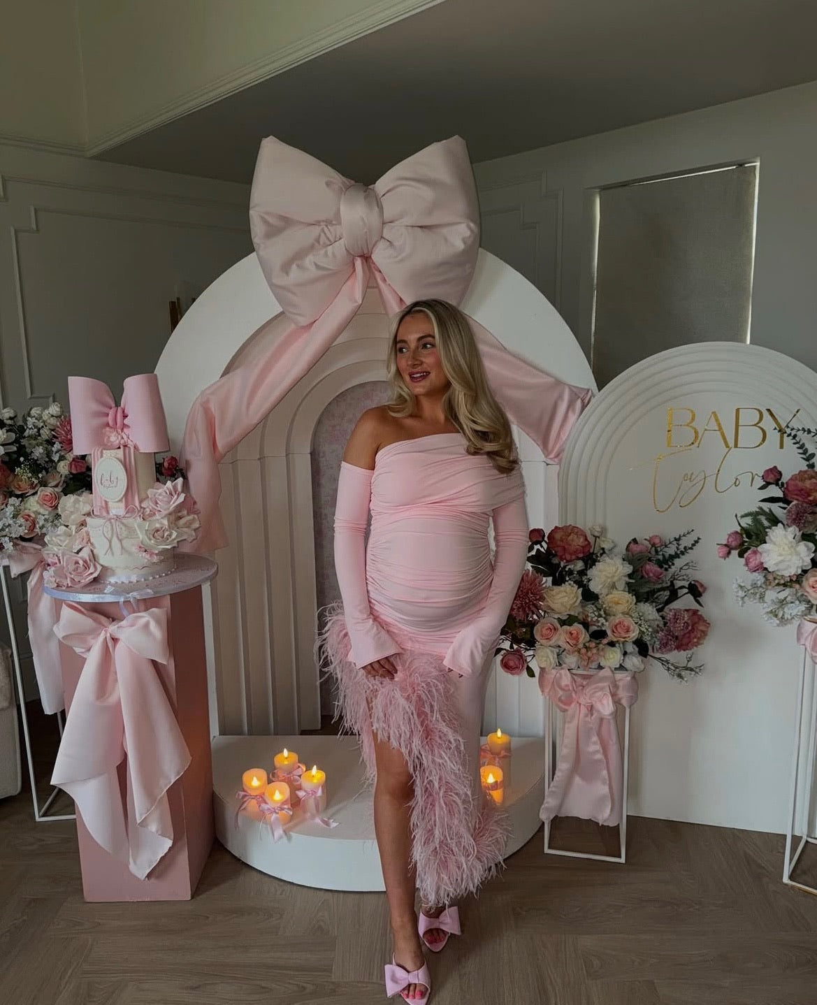 April Two Sleeve Maternity Ostrich Feather Dress Baby Pink