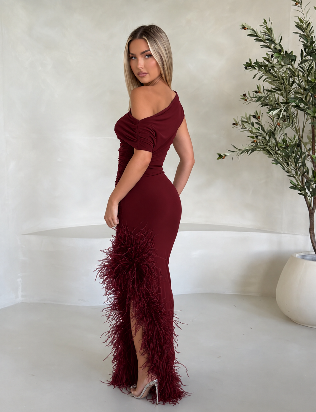 Sydney Ostrich Feather Dress Wine