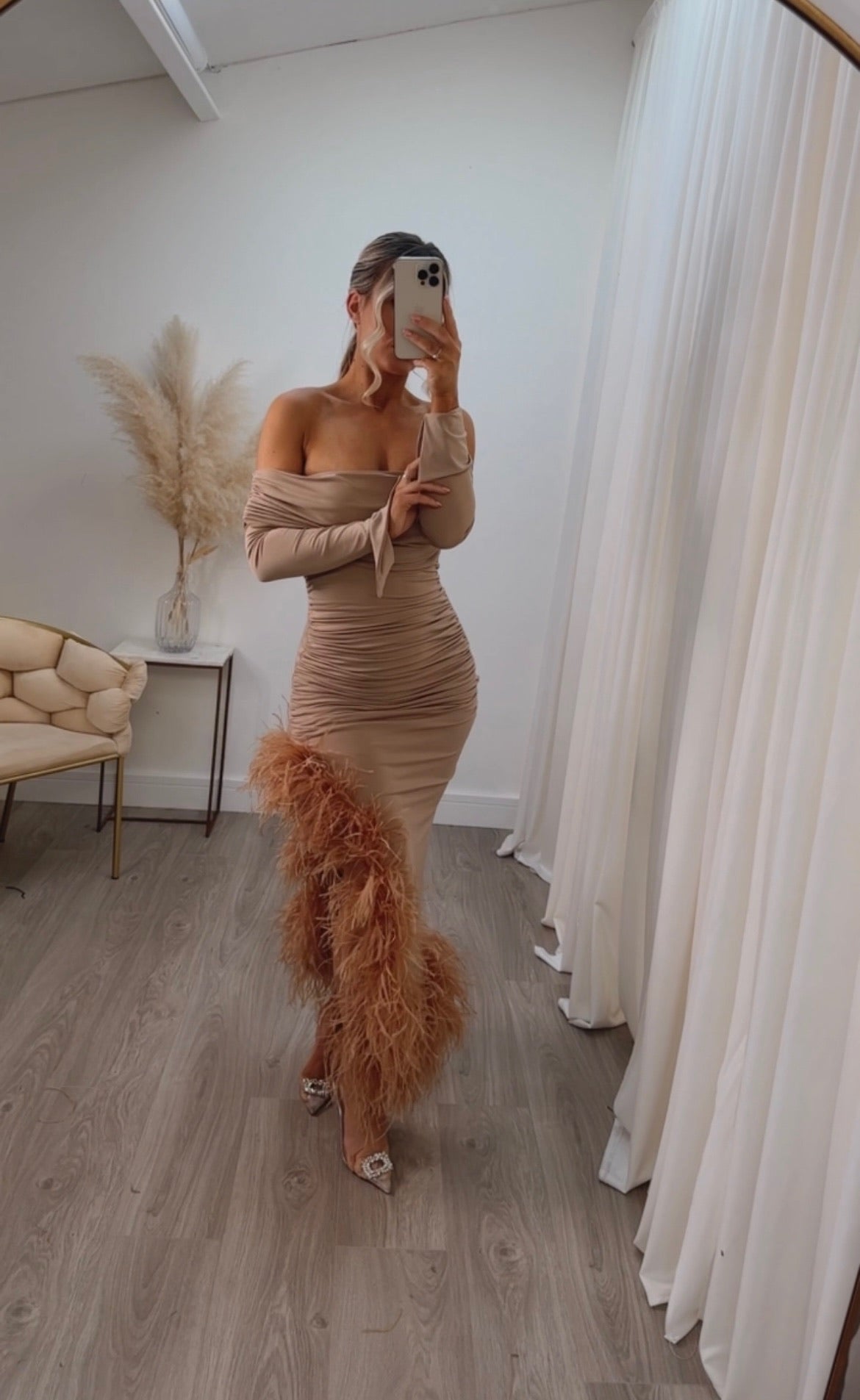 April Two Sleeve Midi Ostrich Feather Dress Beige