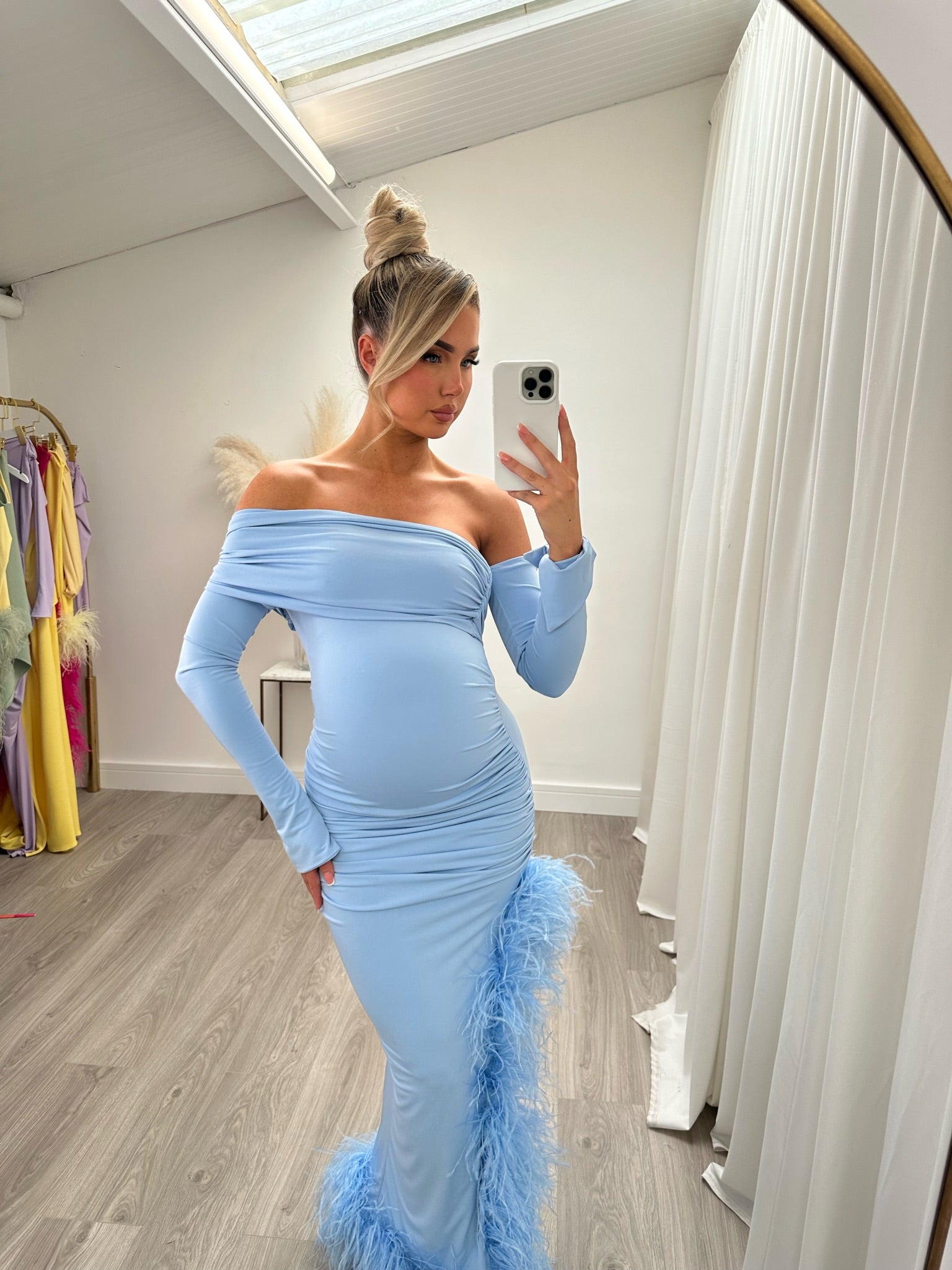 April Maternity Ostrich Feather Dress Baby Blue