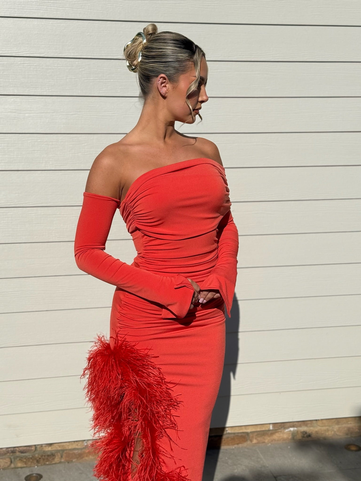 April Two Sleeve Midi Ostrich Feather Dress Blood Orange