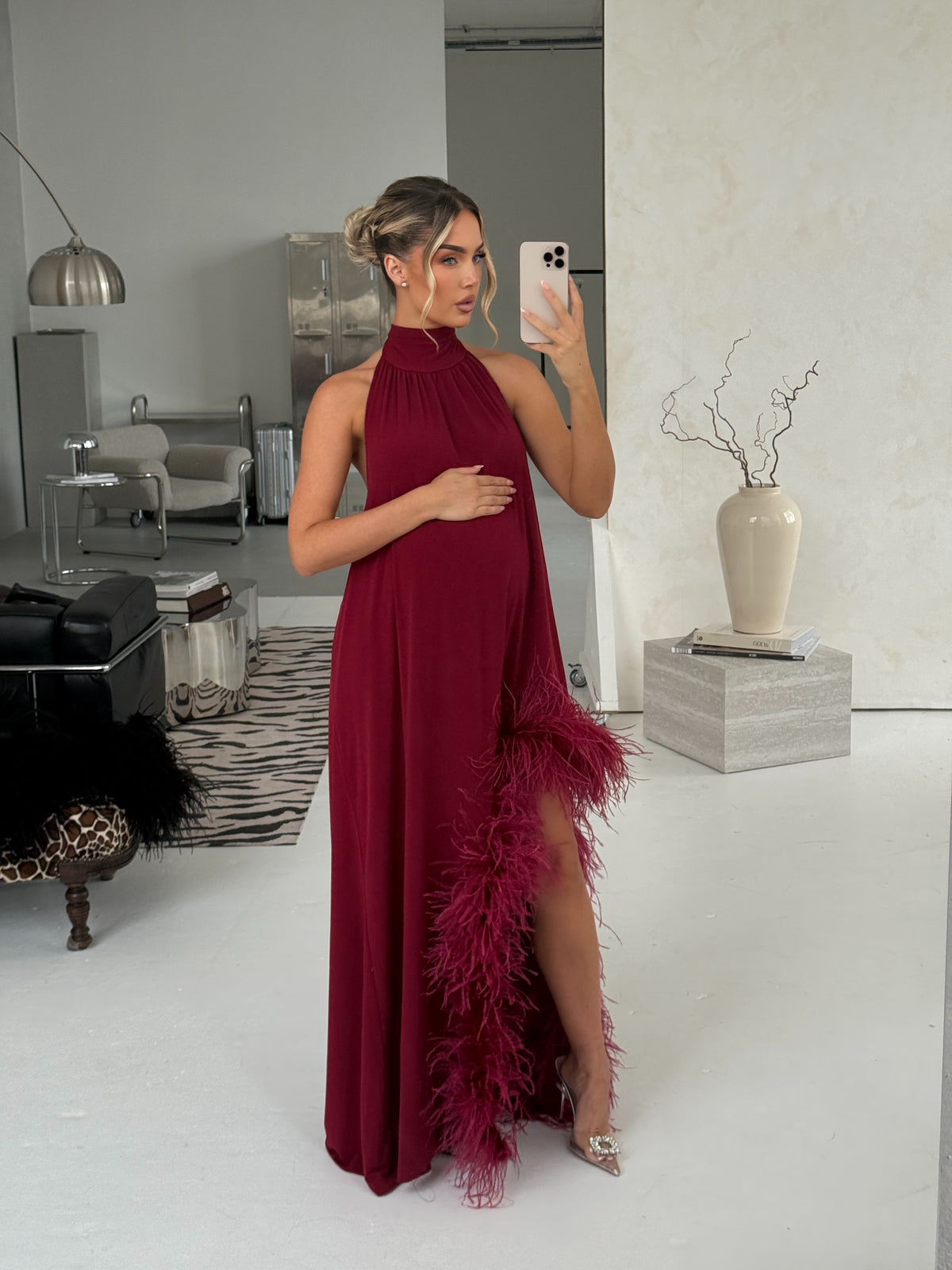 Aria Halter Neck Maternity Ostrich Feather Dress Wine