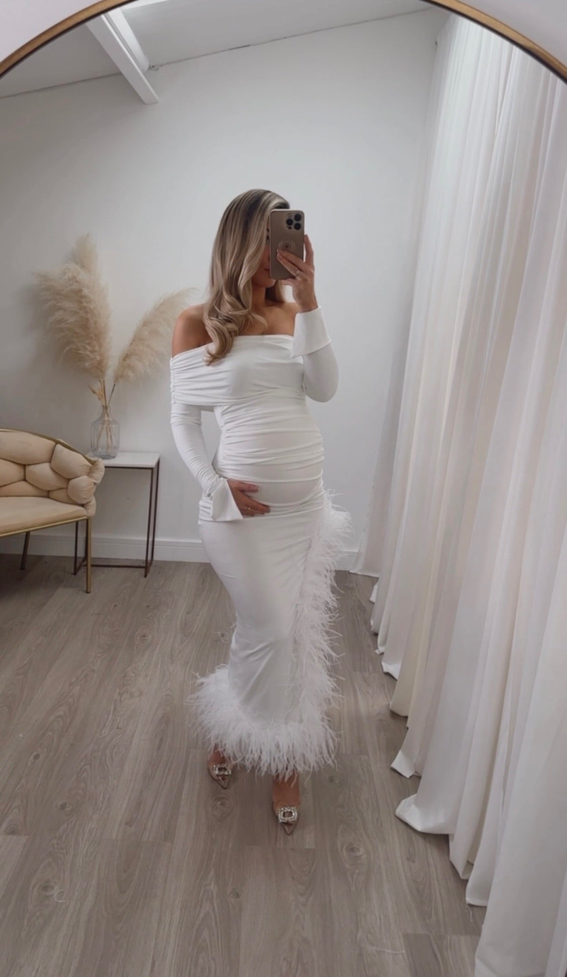 April Maternity Ostrich Feather Dress White
