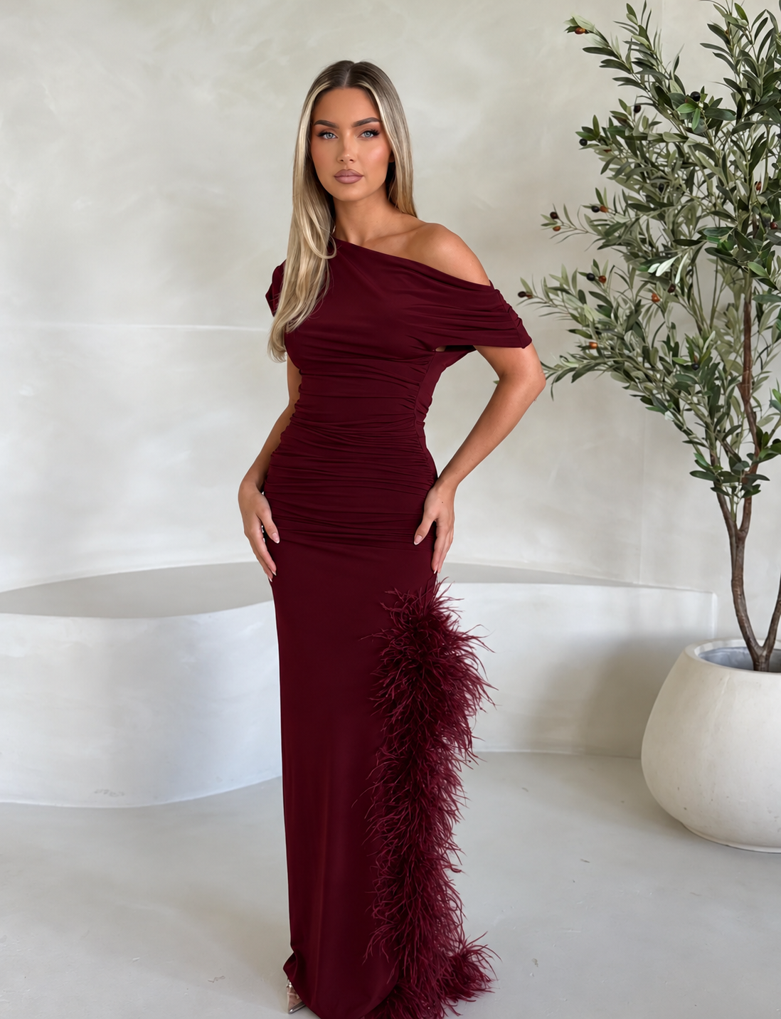 Sydney Ostrich Feather Dress Wine