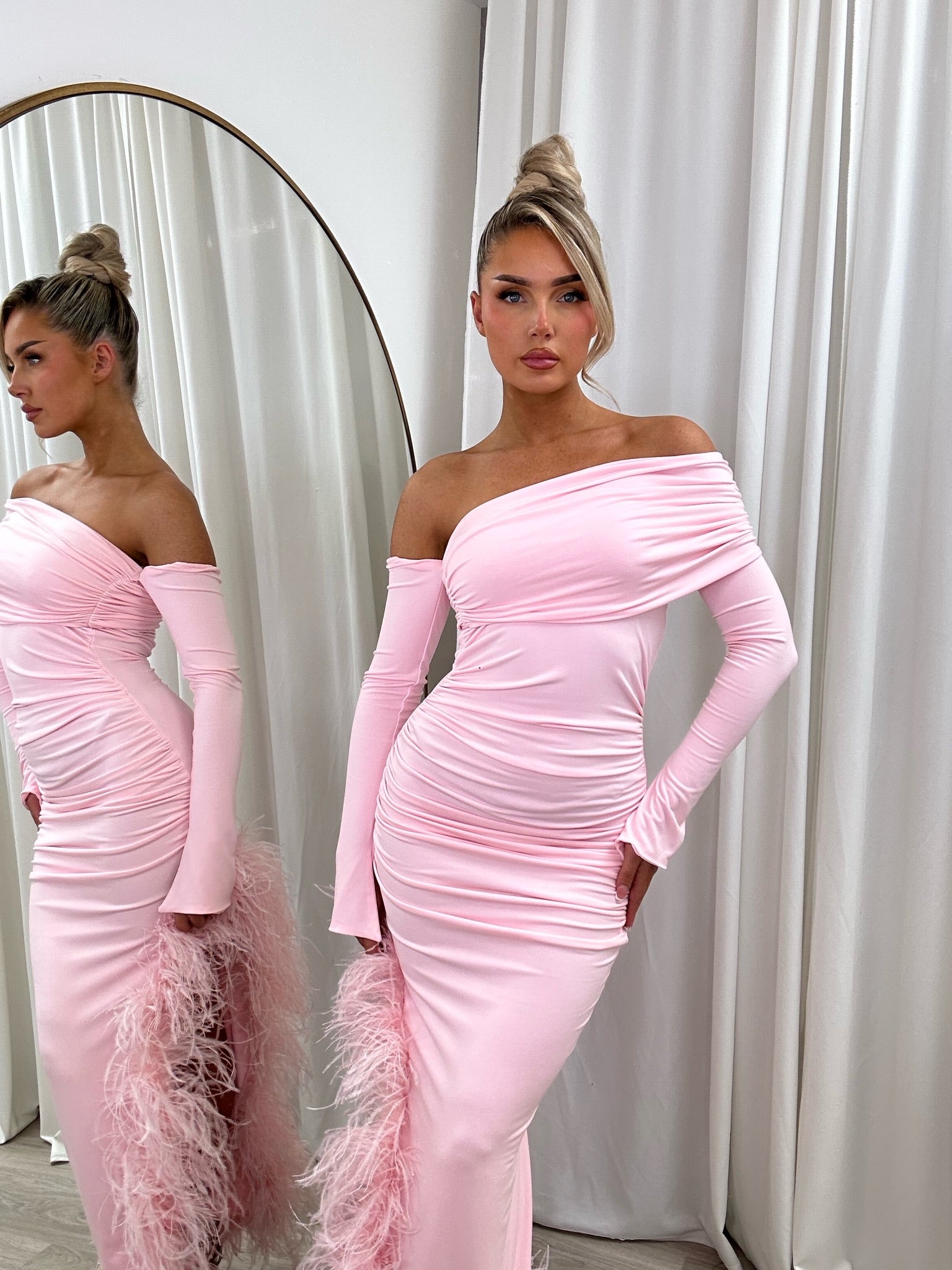 April Two Sleeve Midi Ostrich Feather Dress baby pink