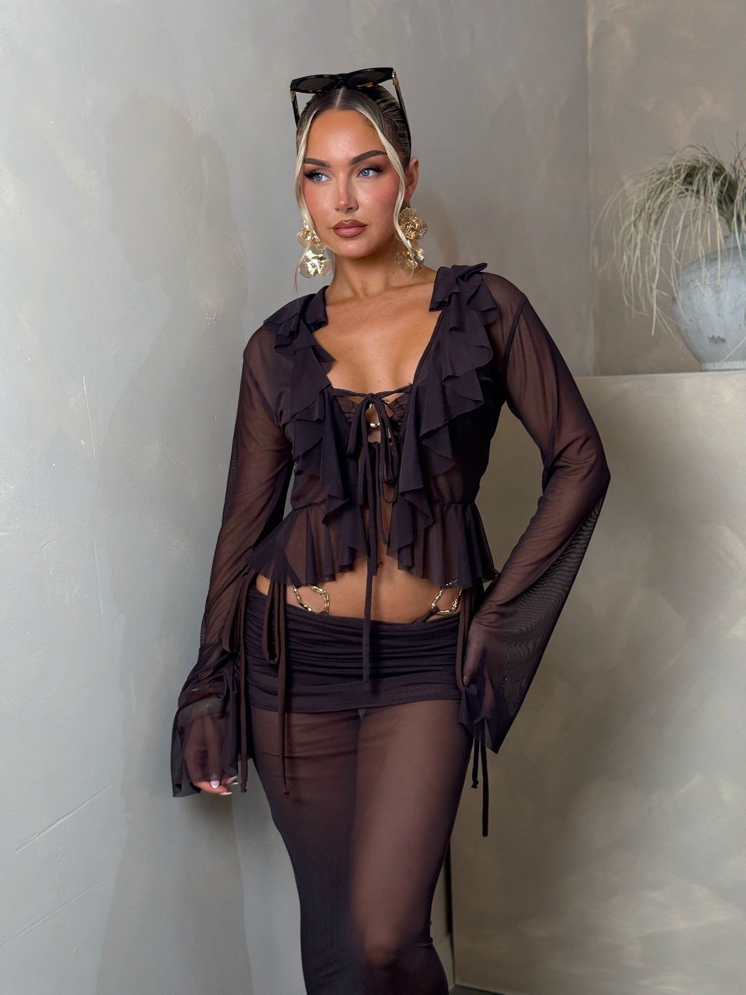 Chocolate Mesh ruffle top