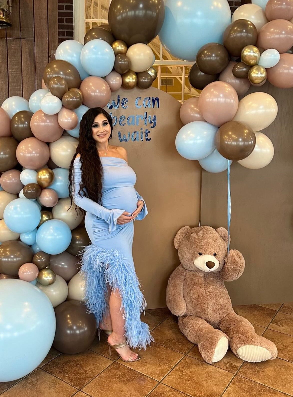 April Two Sleeve Maternity Ostrich Feather Dress Baby Blue