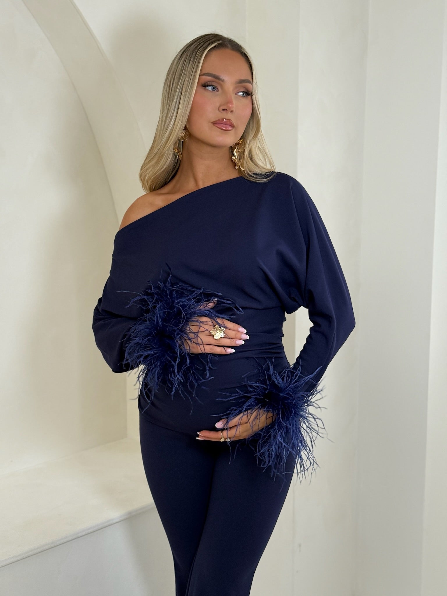 Arella Maternity Feather Jumpsuit Navy Blue