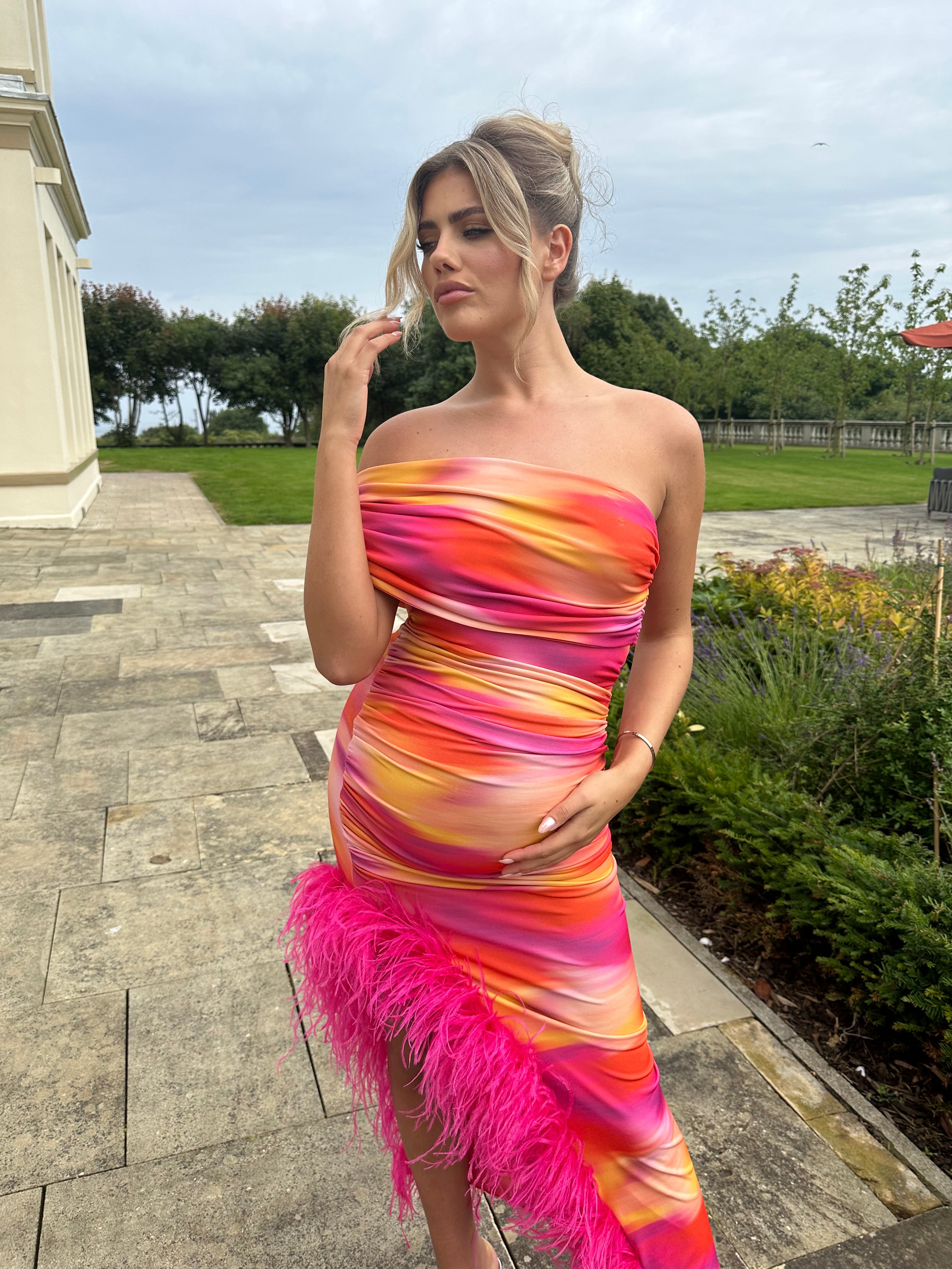 April Sleeveless Maternity Ostrich Feather Dress Pink Sunset