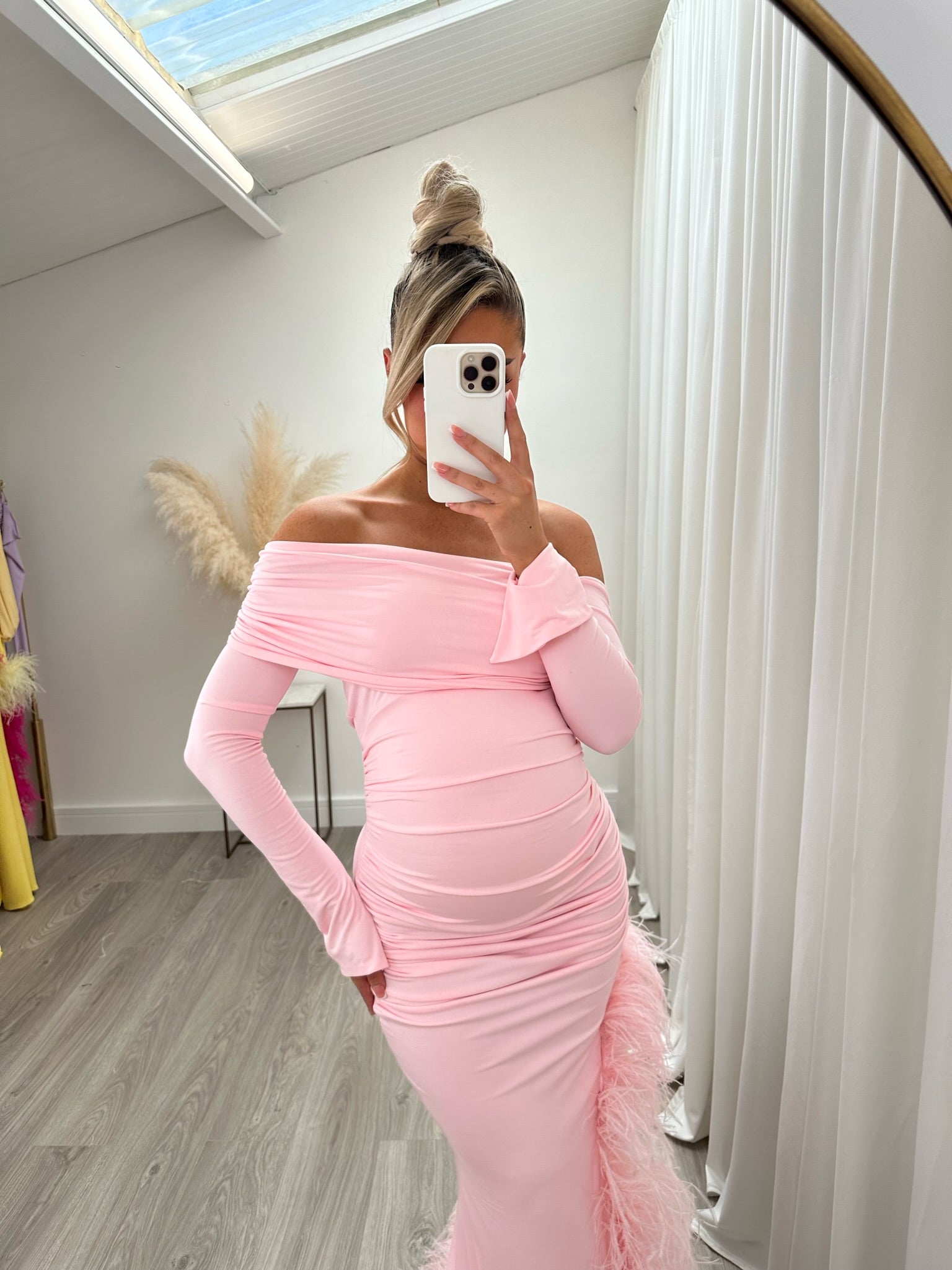 April Two Sleeve Maternity Ostrich Feather Dress Baby Pink
