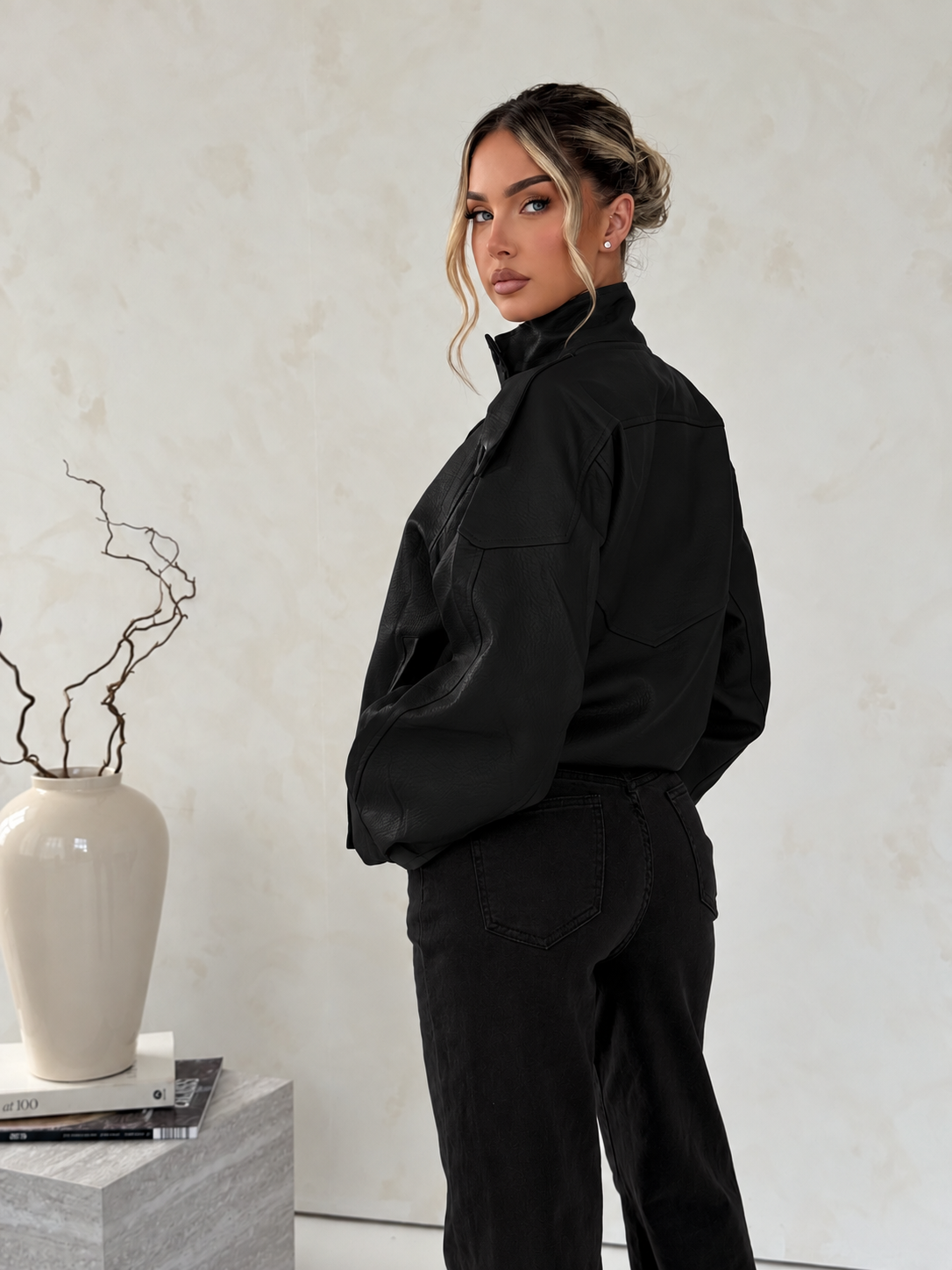 Black Faux Leather Utility Jacket
