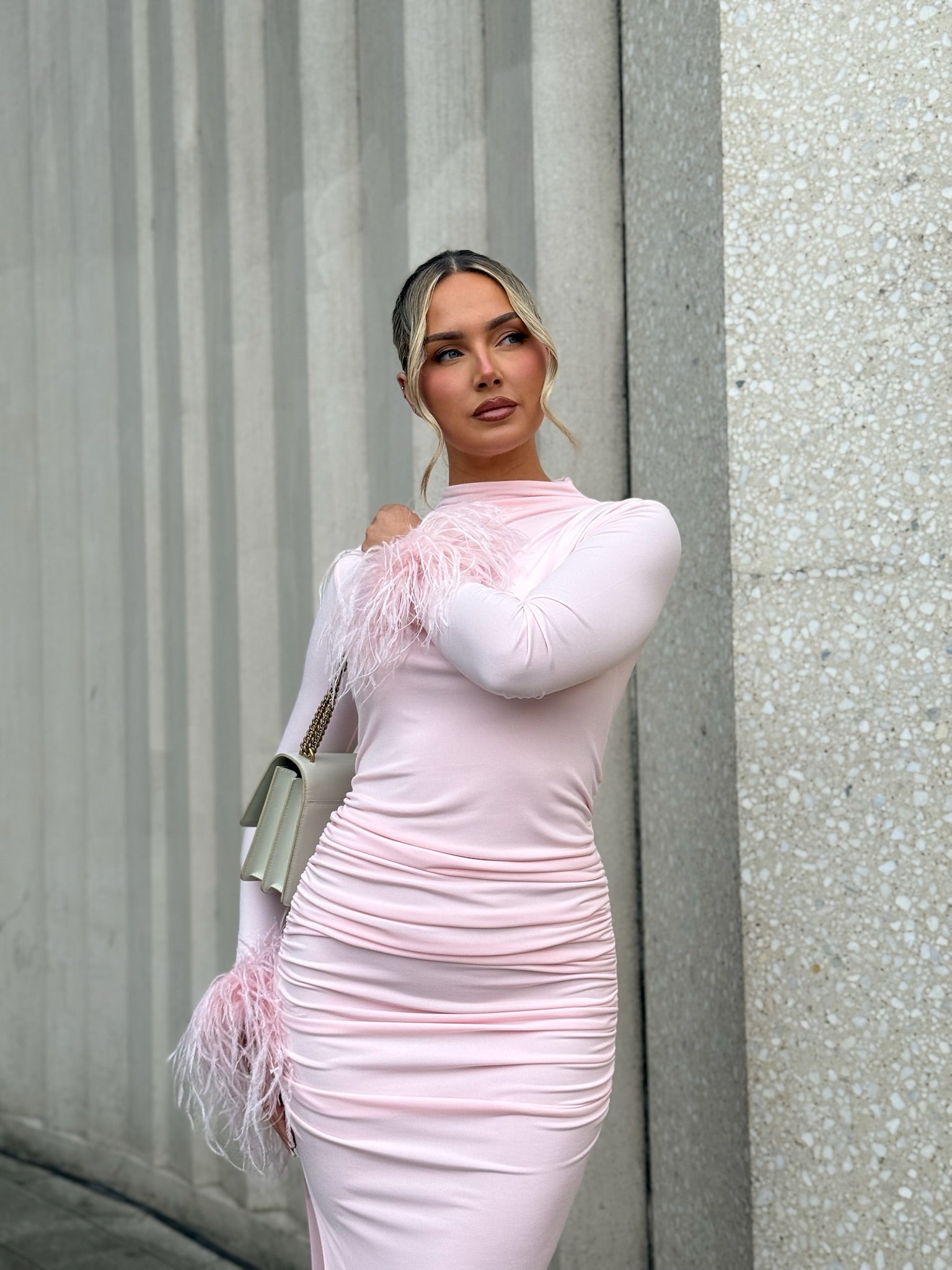 Kourtney Midi Ostrich Feather Dress Baby Pink