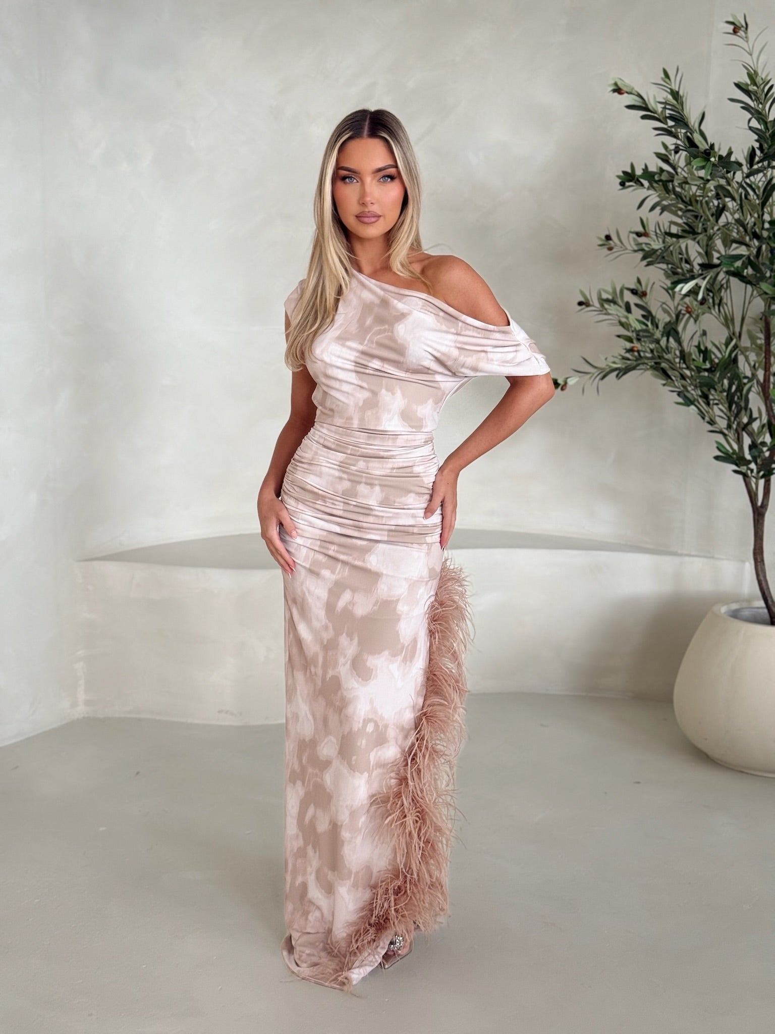 Sydney Ostrich Feather Dress Nude Smudge